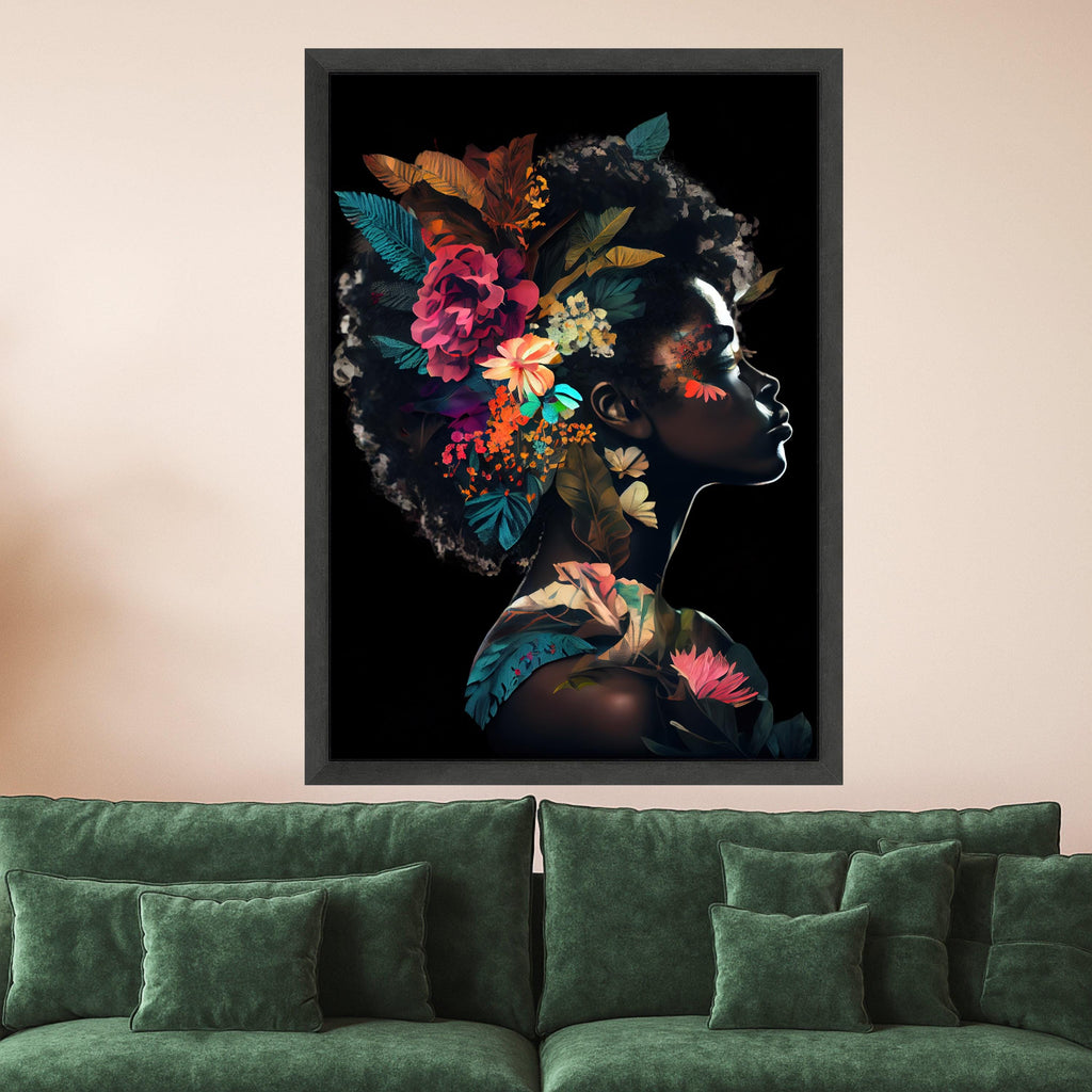 Floral Afro Woman Portrait Canvas Art, Botanical Wall Decor, Dark Skin Artistic Print