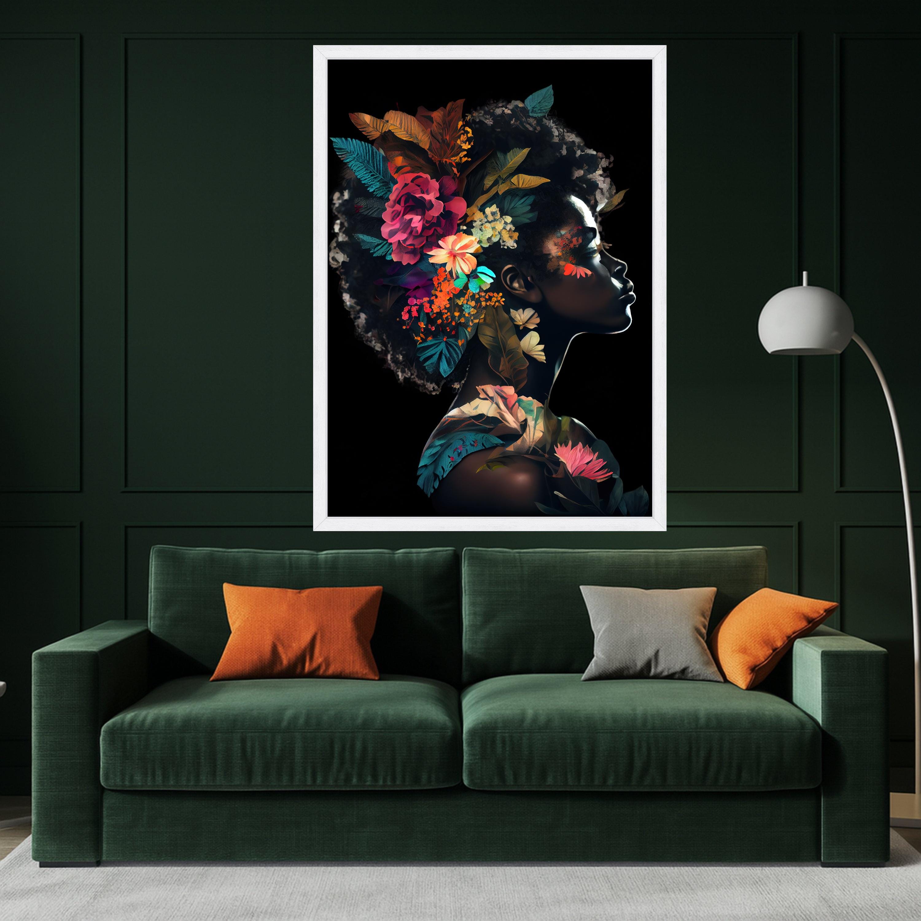 Floral Afro Woman Portrait Canvas Art, Botanical Wall Decor, Dark Skin Artistic Print