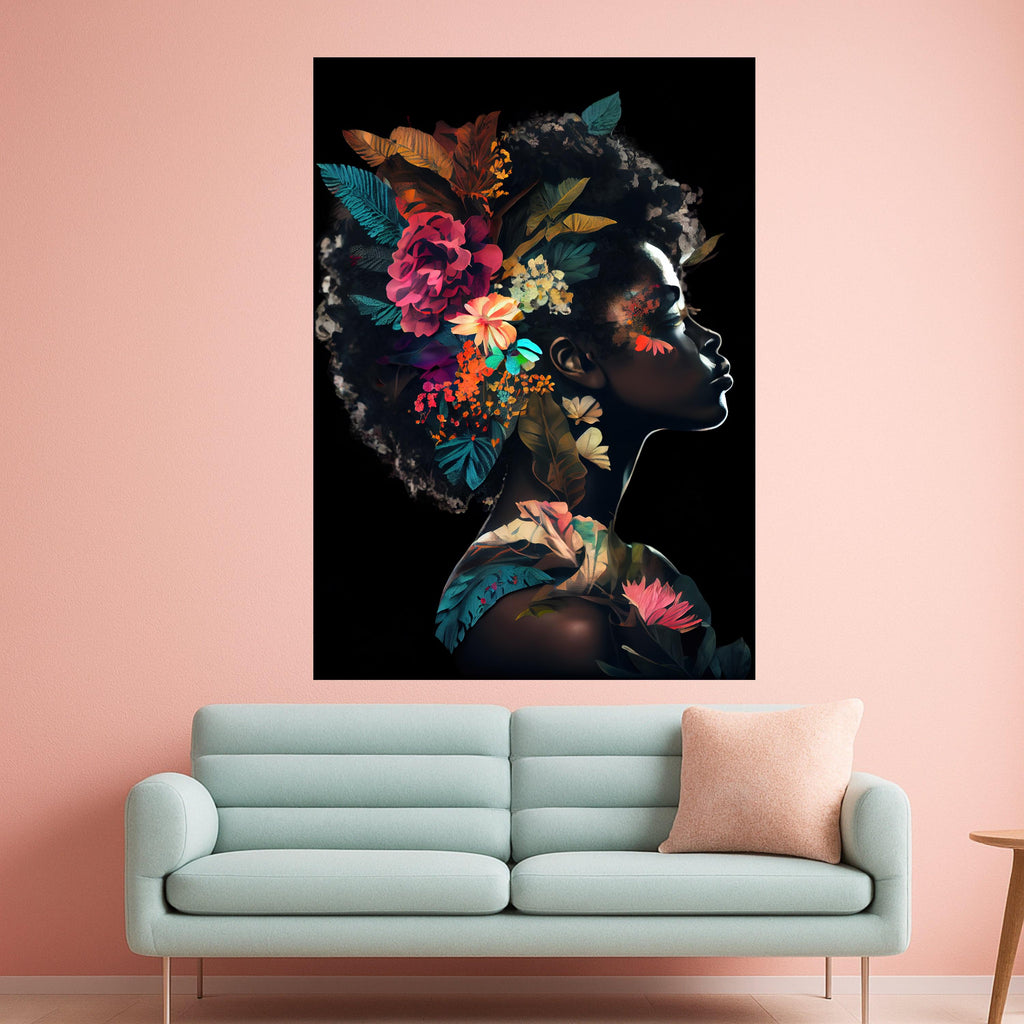 Floral Afro Woman Portrait Canvas Art, Botanical Wall Decor, Dark Skin Artistic Print