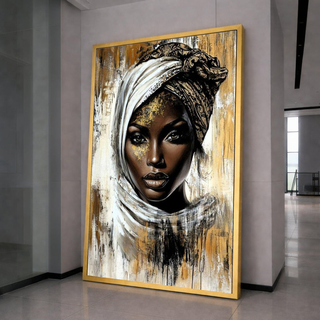 Elegant African Woman Portrait Canvas, Ethnic Headwrap Wall Art, Modern Gold and Black Abstract Canvas, Face Art for Home Decor