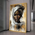 Elegant African Woman Portrait Canvas, Ethnic Headwrap Wall Art, Modern Gold and Black Abstract Canvas, Face Art for Home Decor