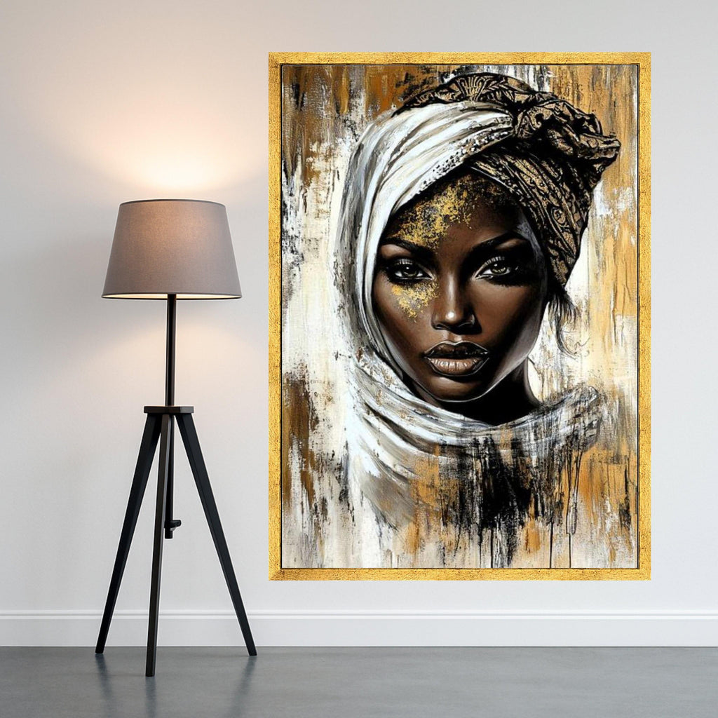 Elegant African Woman Portrait Canvas, Ethnic Headwrap Wall Art, Modern Gold and Black Abstract Canvas, Face Art for Home Decor