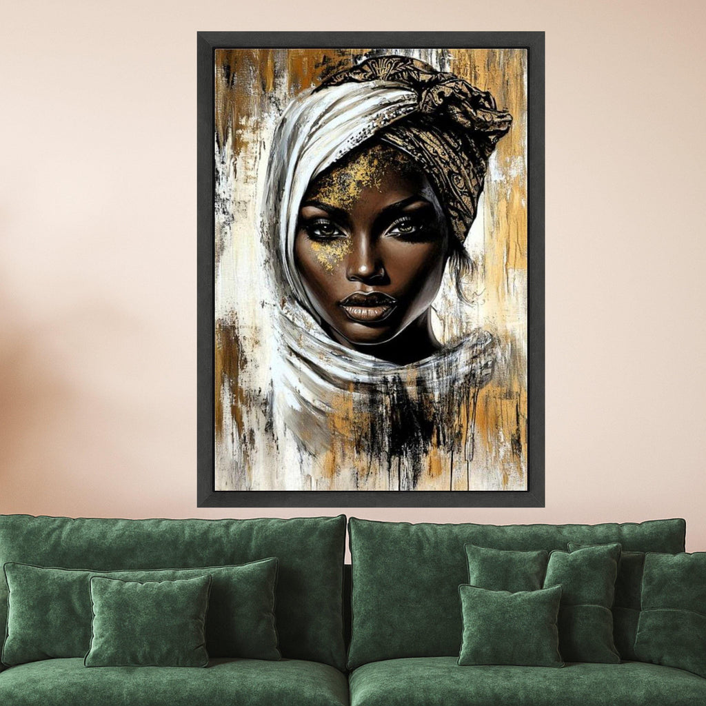 Elegant African Woman Portrait Canvas, Ethnic Headwrap Wall Art, Modern Gold and Black Abstract Canvas, Face Art for Home Decor