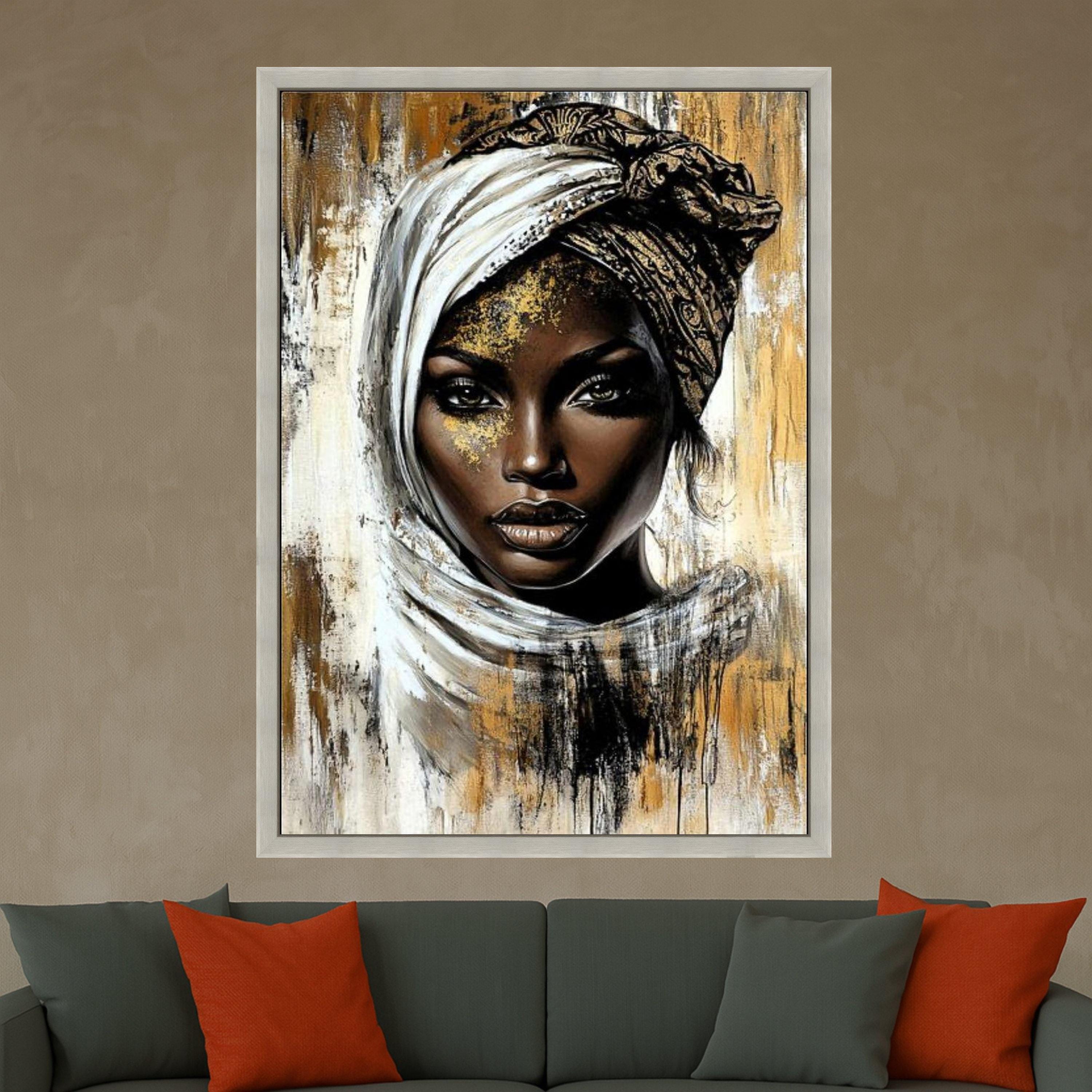 Elegant African Woman Portrait Canvas, Ethnic Headwrap Wall Art, Modern Gold and Black Abstract Canvas, Face Art for Home Decor
