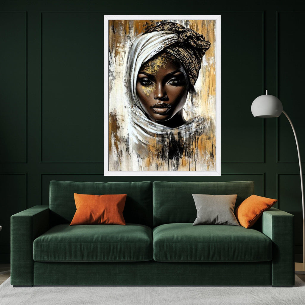 Elegant African Woman Portrait Canvas, Ethnic Headwrap Wall Art, Modern Gold and Black Abstract Canvas, Face Art for Home Decor