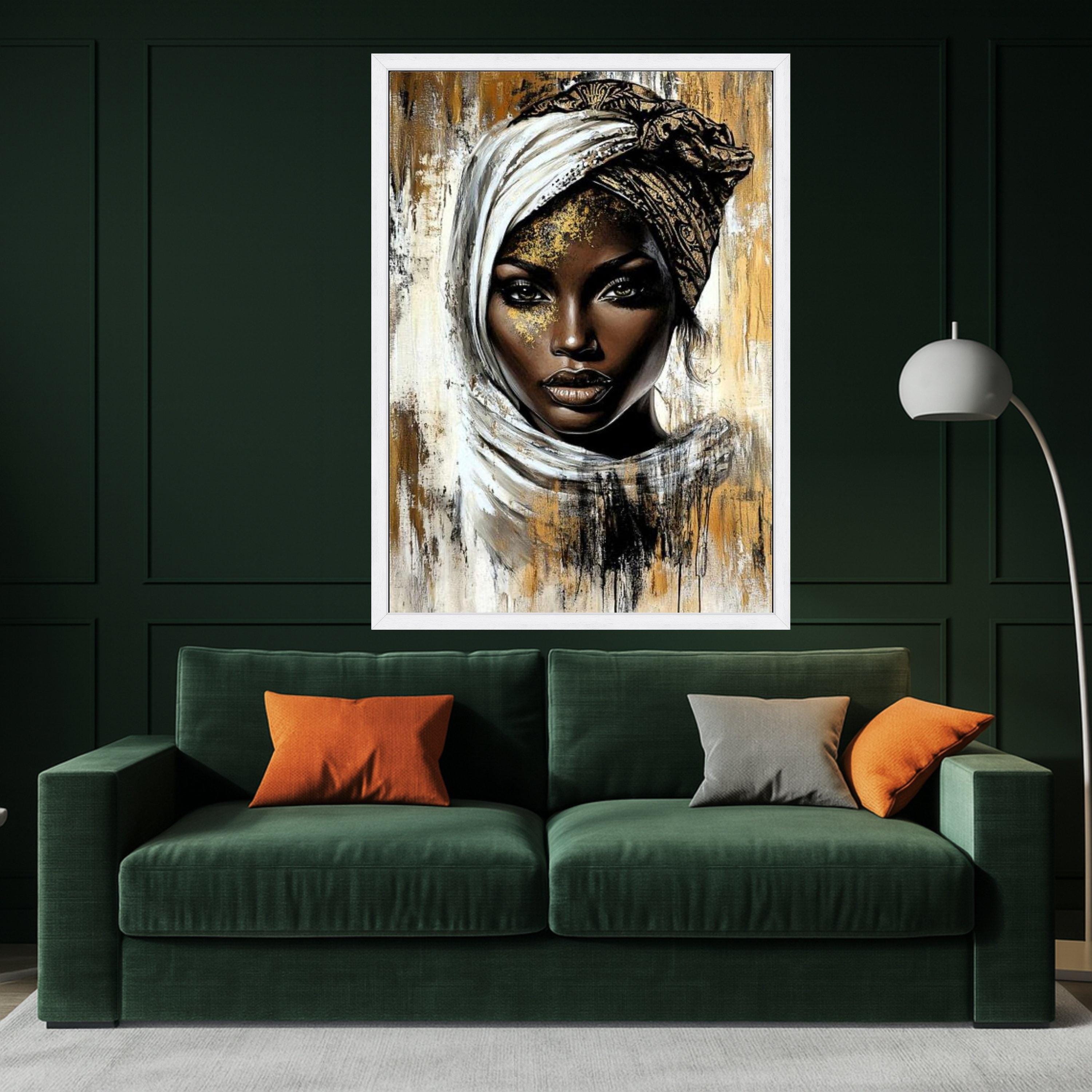 Elegant African Woman Portrait Canvas, Ethnic Headwrap Wall Art, Modern Gold and Black Abstract Canvas, Face Art for Home Decor