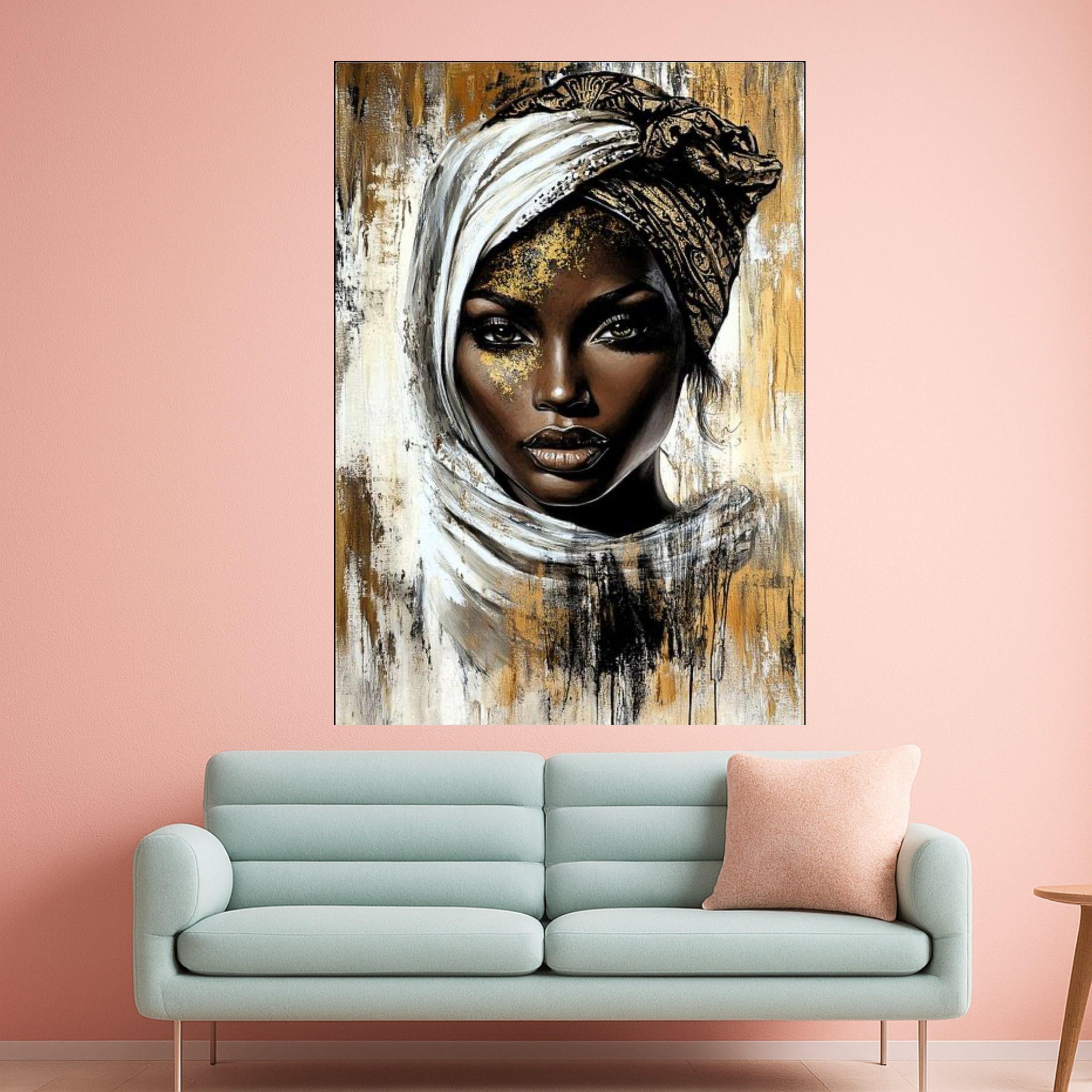 Elegant African Woman Portrait Canvas, Ethnic Headwrap Wall Art, Modern Gold and Black Abstract Canvas, Face Art for Home Decor