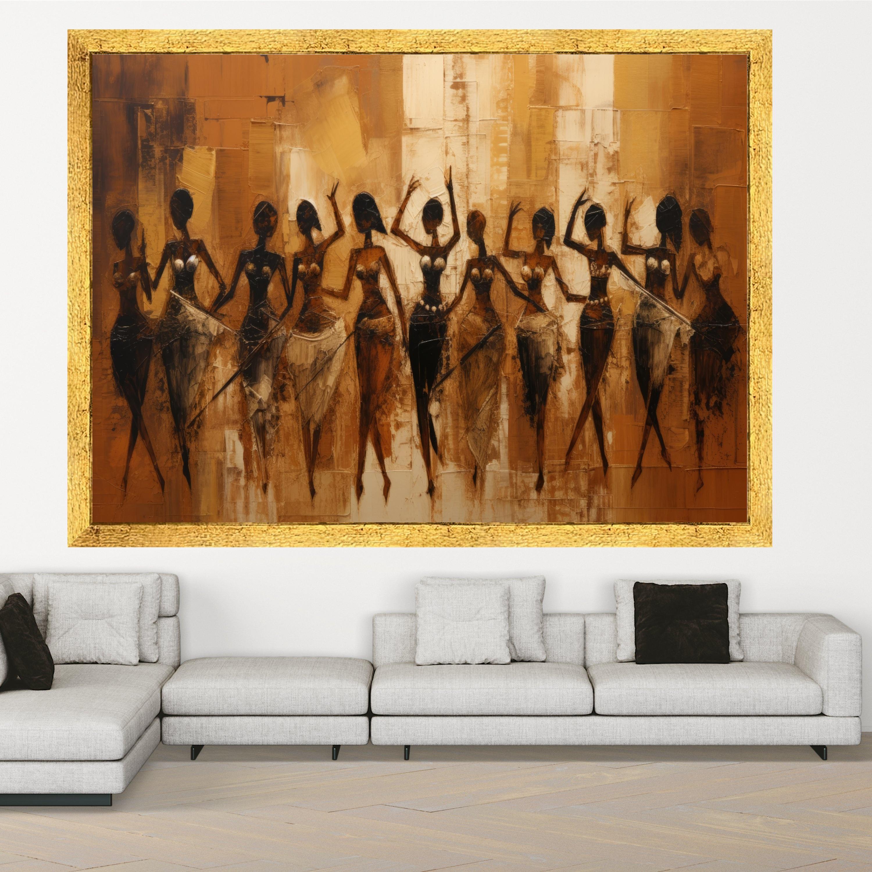 African Tribal Women Dance Canvas, Ethnic Abstract Art, Warm Earth Tone Wall Art, Cultural Figure Painting, Contemporary Home Decor
