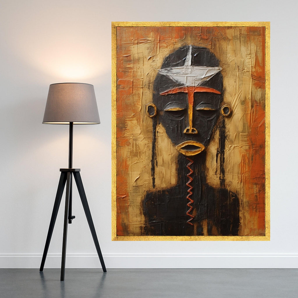 Abstract African Mask Canvas Wall Art, Tribal Face Painting, Ethnic Home Decor, Modern Art, Vibrant Orange and Black Canvas