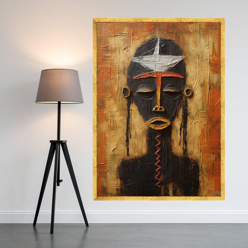 Abstract African Mask Canvas Wall Art, Tribal Face Painting, Ethnic Home Decor, Modern Art, Vibrant Orange and Black Canvas