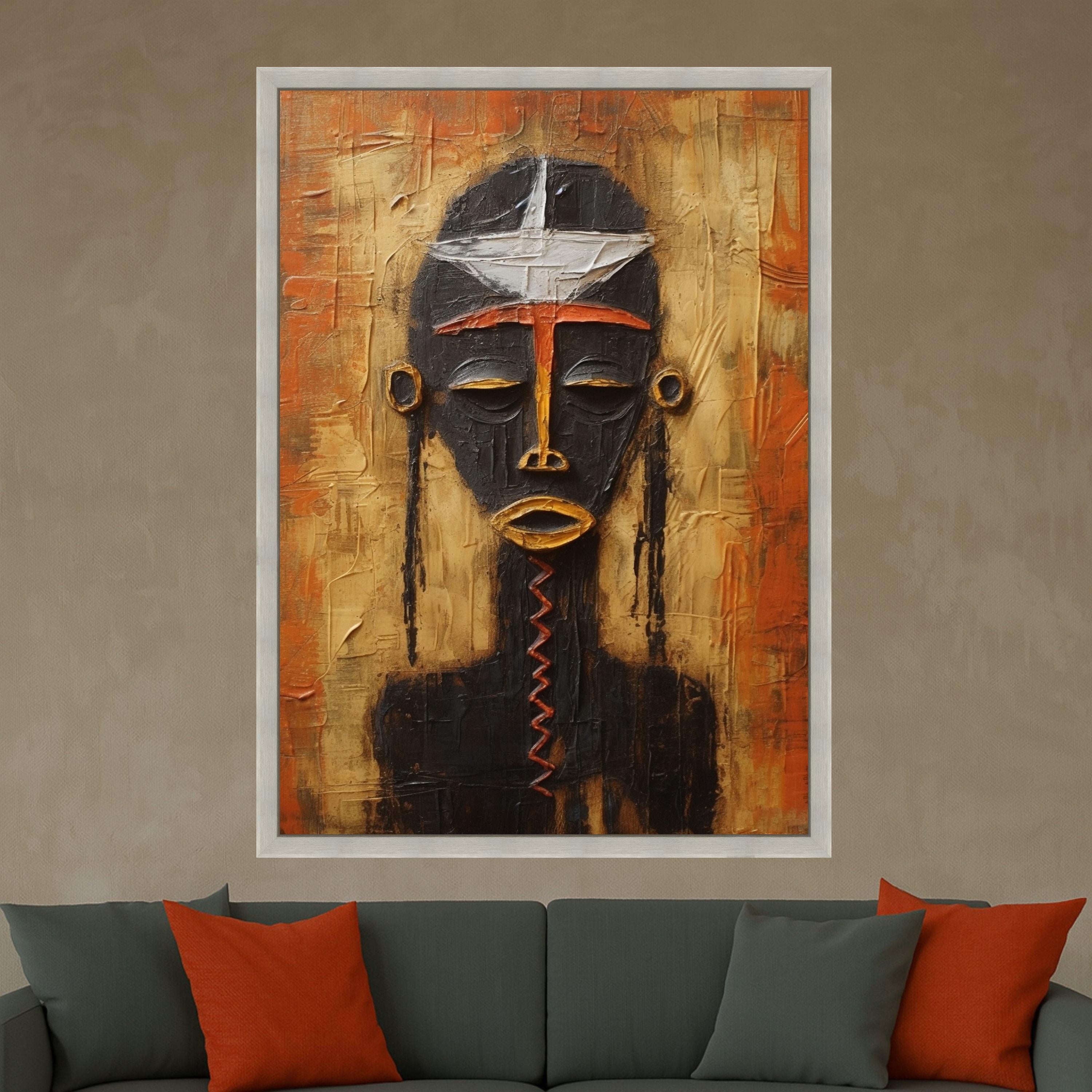 Abstract African Mask Canvas Wall Art, Tribal Face Painting, Ethnic Home Decor, Modern Art, Vibrant Orange and Black Canvas