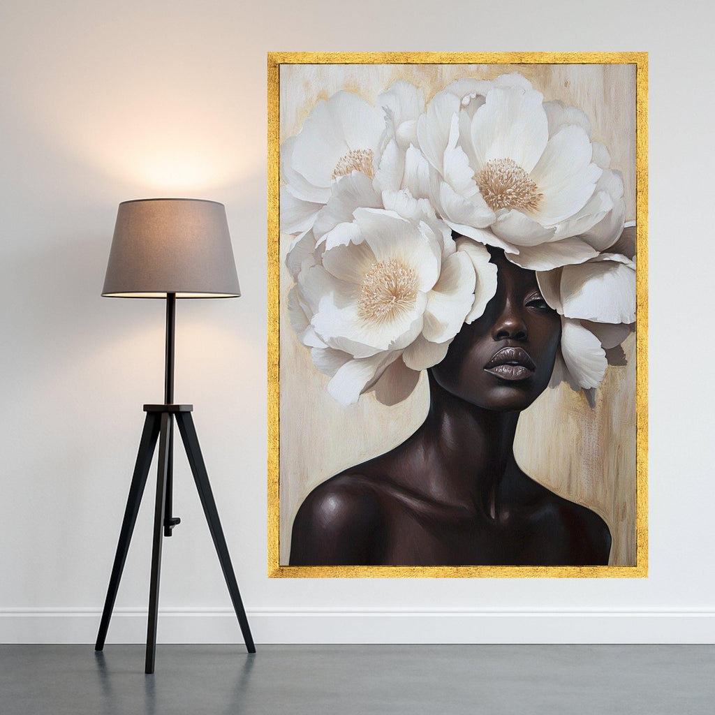 Elegant Black Woman Portrait Canvas, White Floral Headpiece Wall Art, Modern Feminine Canvas, Contemporary Art Decoration, Luxury Home