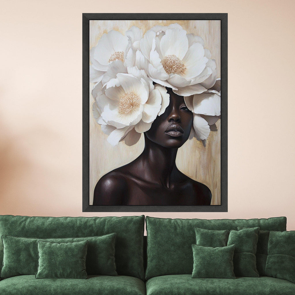Elegant Black Woman Portrait Canvas, White Floral Headpiece Wall Art, Modern Feminine Canvas, Contemporary Art Decoration, Luxury Home