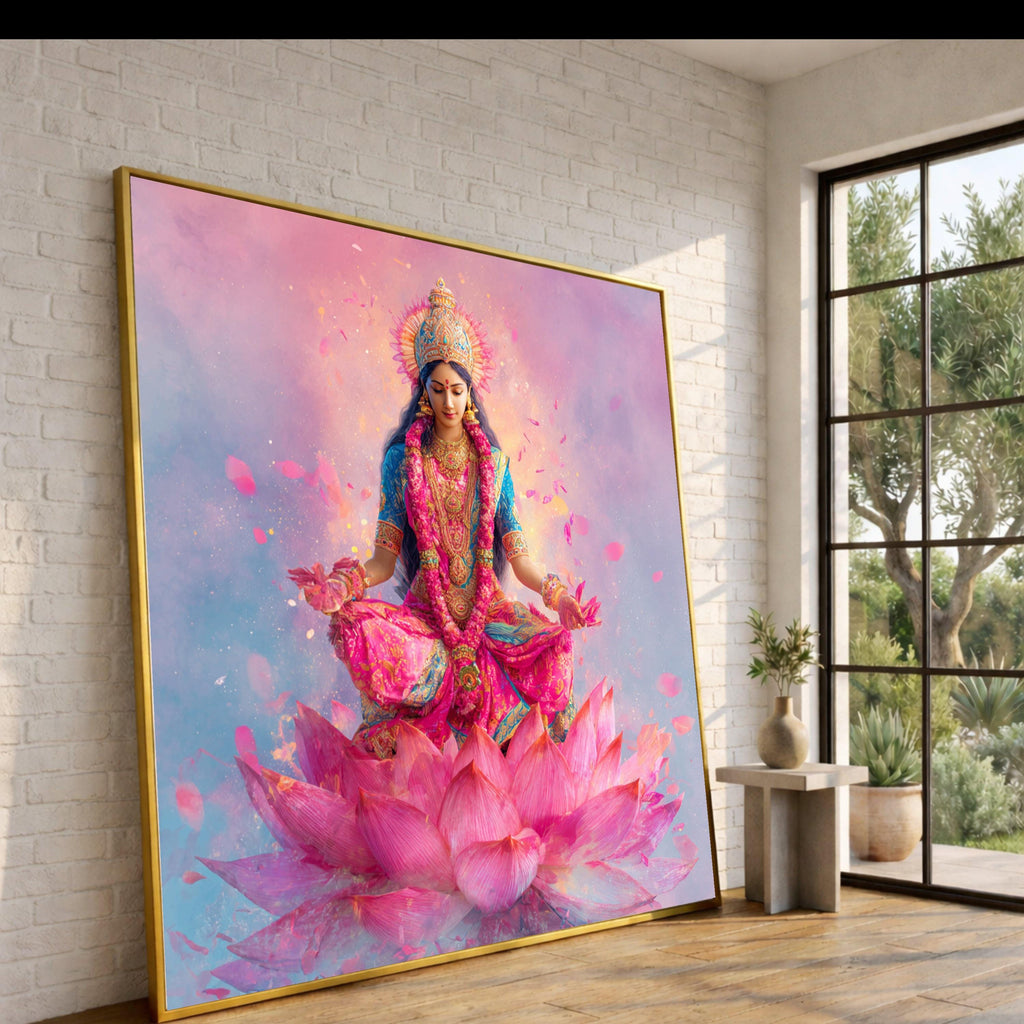 Vibrant Goddess Lakshmi Meditation Canvas, Spiritual Indian Art, Pink Lotus Flower Wall Decor, Sacred Hindu Deity Canvas, Home Meditation