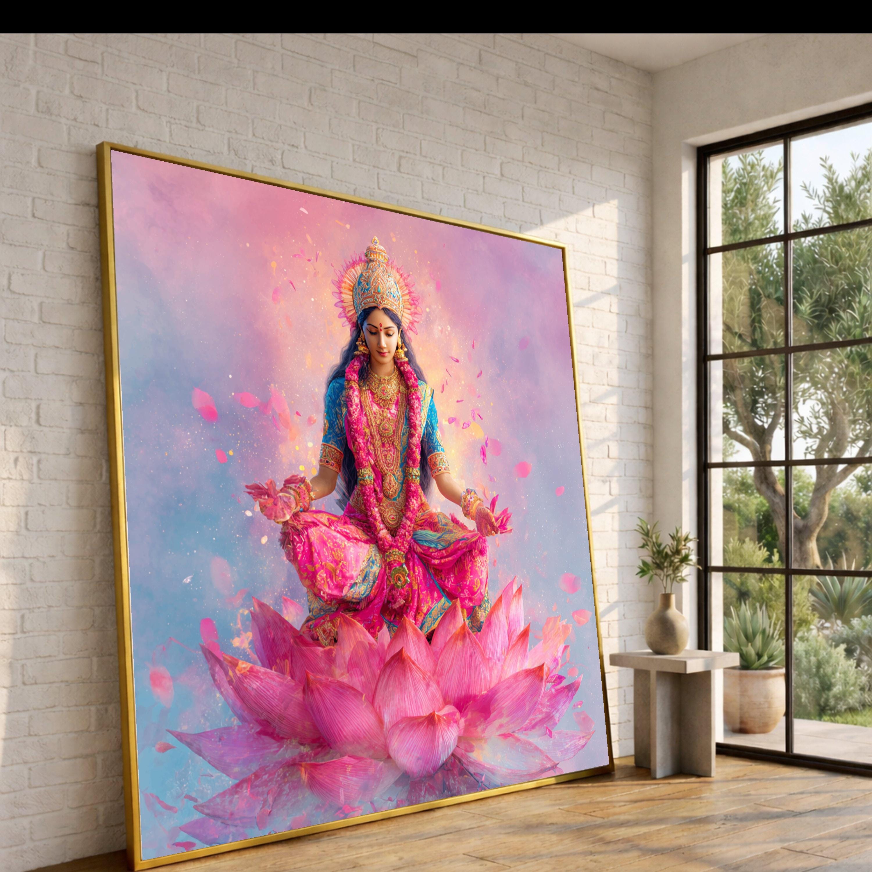 Vibrant Goddess Lakshmi Meditation Canvas, Spiritual Indian Art, Pink Lotus Flower Wall Decor, Sacred Hindu Deity Canvas, Home Meditation