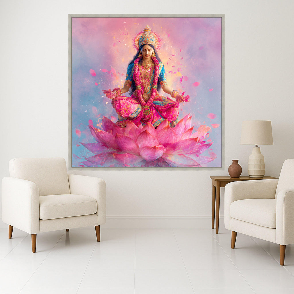 Vibrant Goddess Lakshmi Meditation Canvas, Spiritual Indian Art, Pink Lotus Flower Wall Decor, Sacred Hindu Deity Canvas, Home Meditation