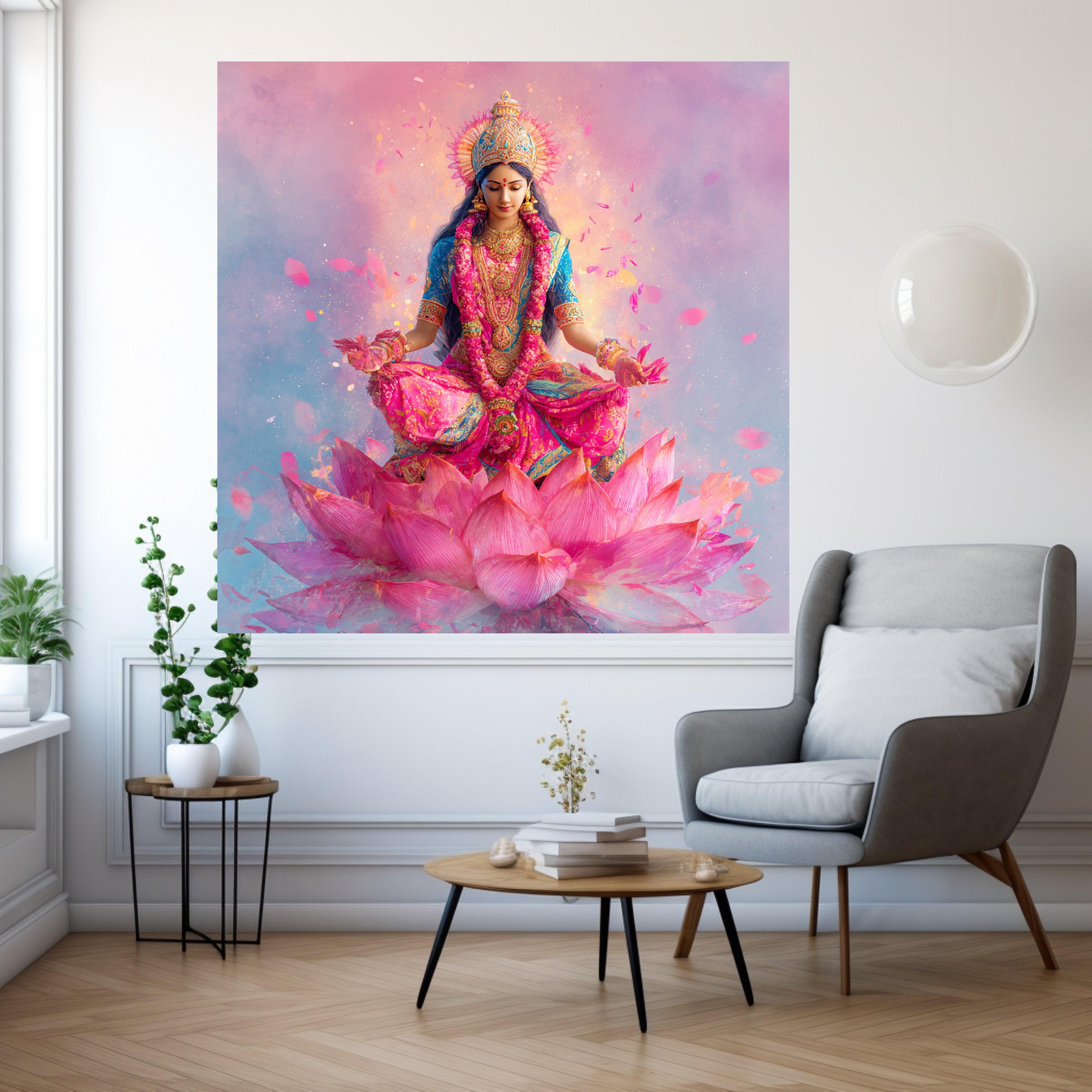 Vibrant Goddess Lakshmi Meditation Canvas, Spiritual Indian Art, Pink Lotus Flower Wall Decor, Sacred Hindu Deity Canvas, Home Meditation