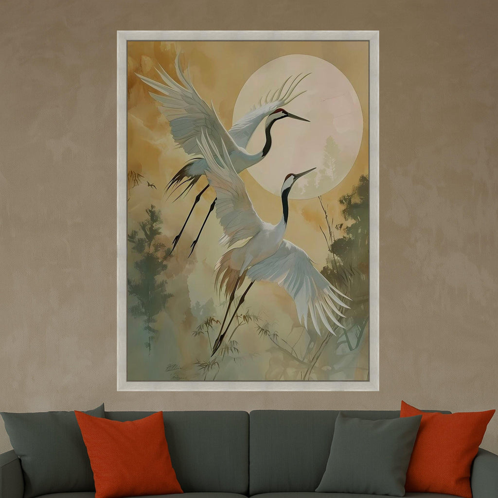 Elegant Cranes in Flight Canvas, Asian Bird Wall Art, Nature Scene Canvas, Full Moon Landscape, Zen Home Decoration