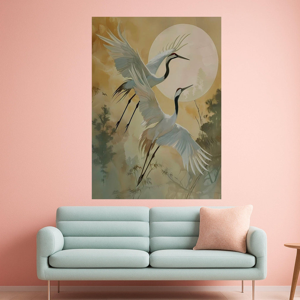 Elegant Cranes in Flight Canvas, Asian Bird Wall Art, Nature Scene Canvas, Full Moon Landscape, Zen Home Decoration