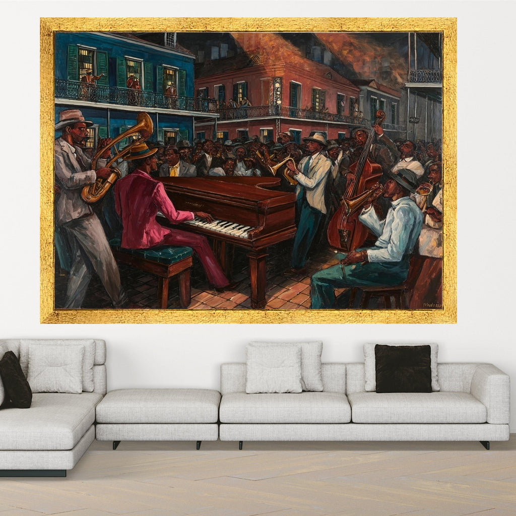 Vibrant Jazz Night Scene Canvas, New Orleans Street Music Art, Live Band Performance Wall Decor, Urban Culture Canvas Print, Ready to Hang