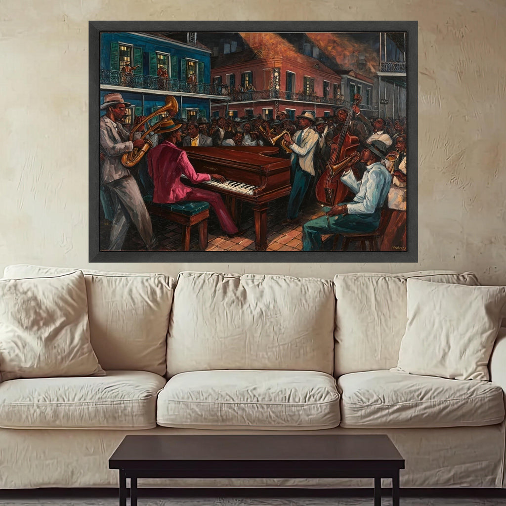Vibrant Jazz Night Scene Canvas, New Orleans Street Music Art, Live Band Performance Wall Decor, Urban Culture Canvas Print, Ready to Hang