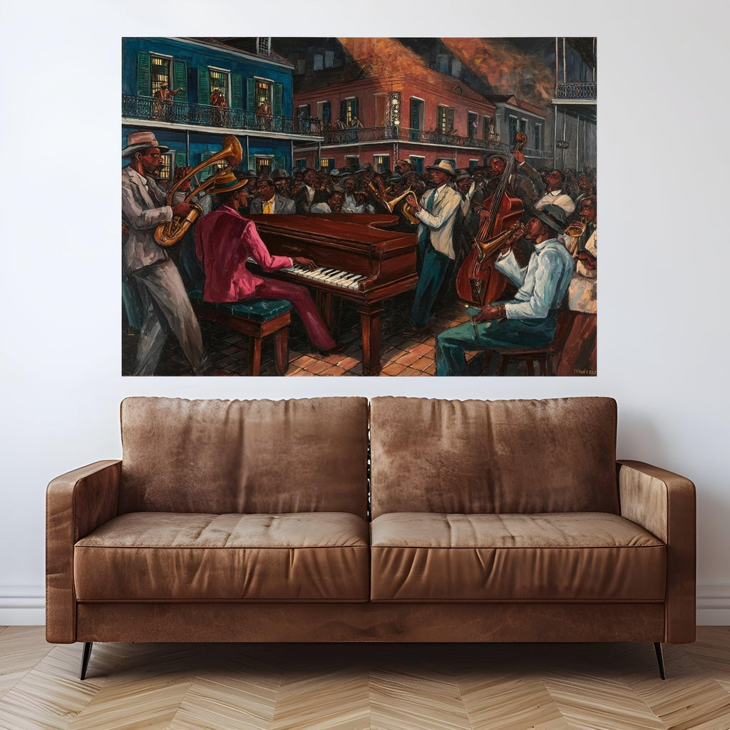 Vibrant Jazz Night Scene Canvas, New Orleans Street Music Art, Live Band Performance Wall Decor, Urban Culture Canvas Print, Ready to Hang