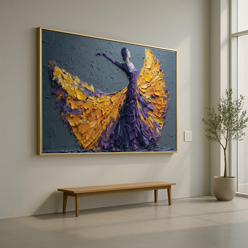 Elegant Flamenco Dancer Canvas, Impasto Painting, Purple and Yellow Dress Wall Art, Modern Decorative Canvas, Dance Art Home Decor