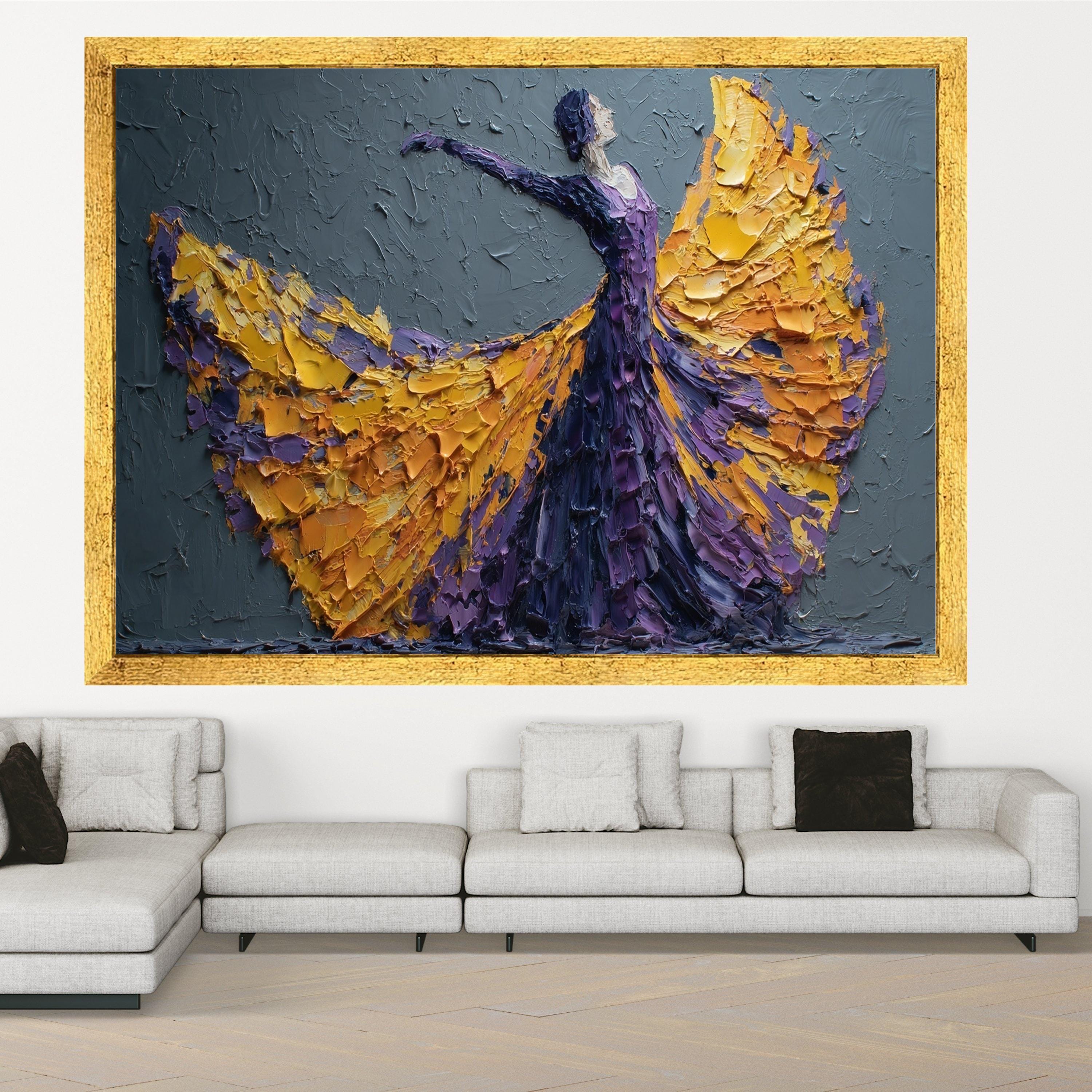 Elegant Flamenco Dancer Canvas, Impasto Painting, Purple and Yellow Dress Wall Art, Modern Decorative Canvas, Dance Art Home Decor