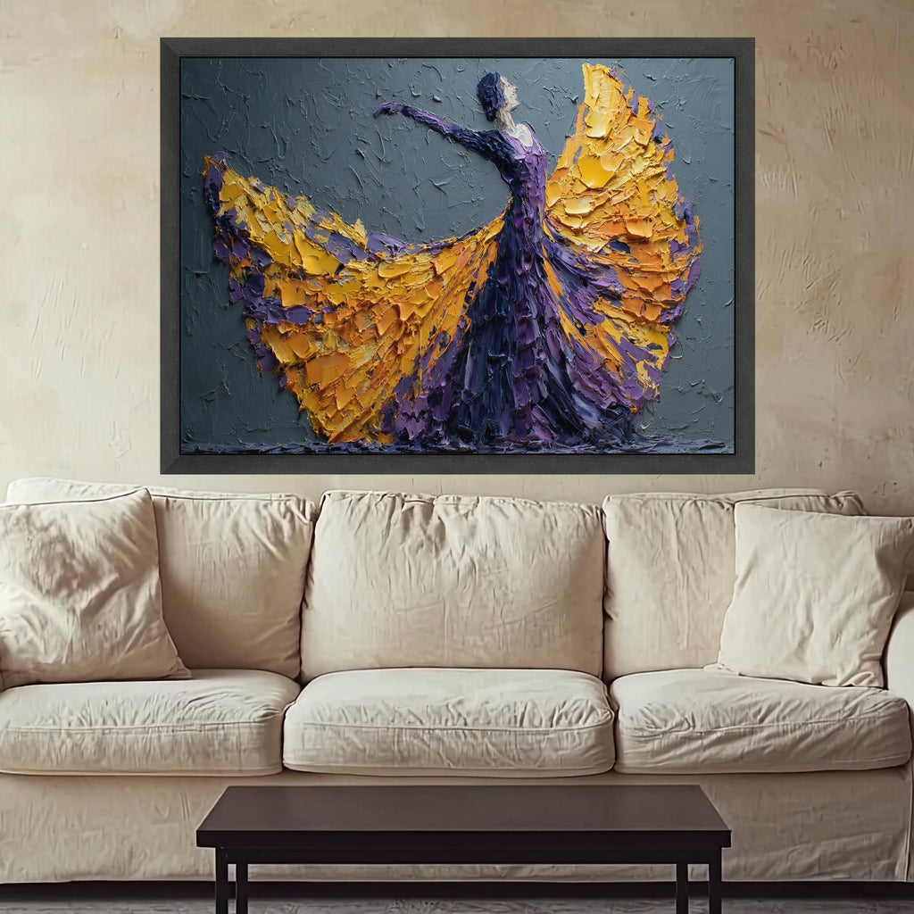 Elegant Flamenco Dancer Canvas, Impasto Painting, Purple and Yellow Dress Wall Art, Modern Decorative Canvas, Dance Art Home Decor