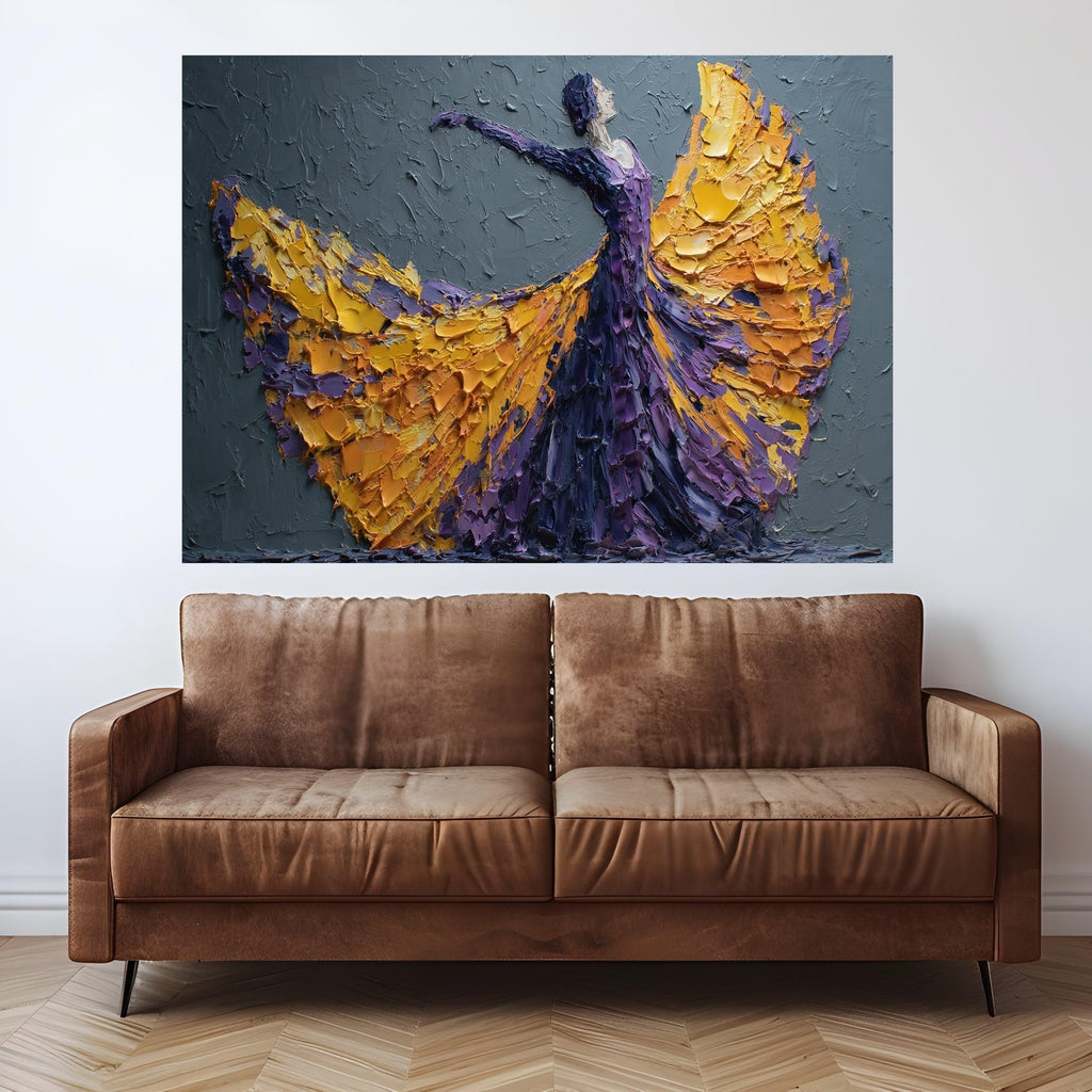 Elegant Flamenco Dancer Canvas, Impasto Painting, Purple and Yellow Dress Wall Art, Modern Decorative Canvas, Dance Art Home Decor