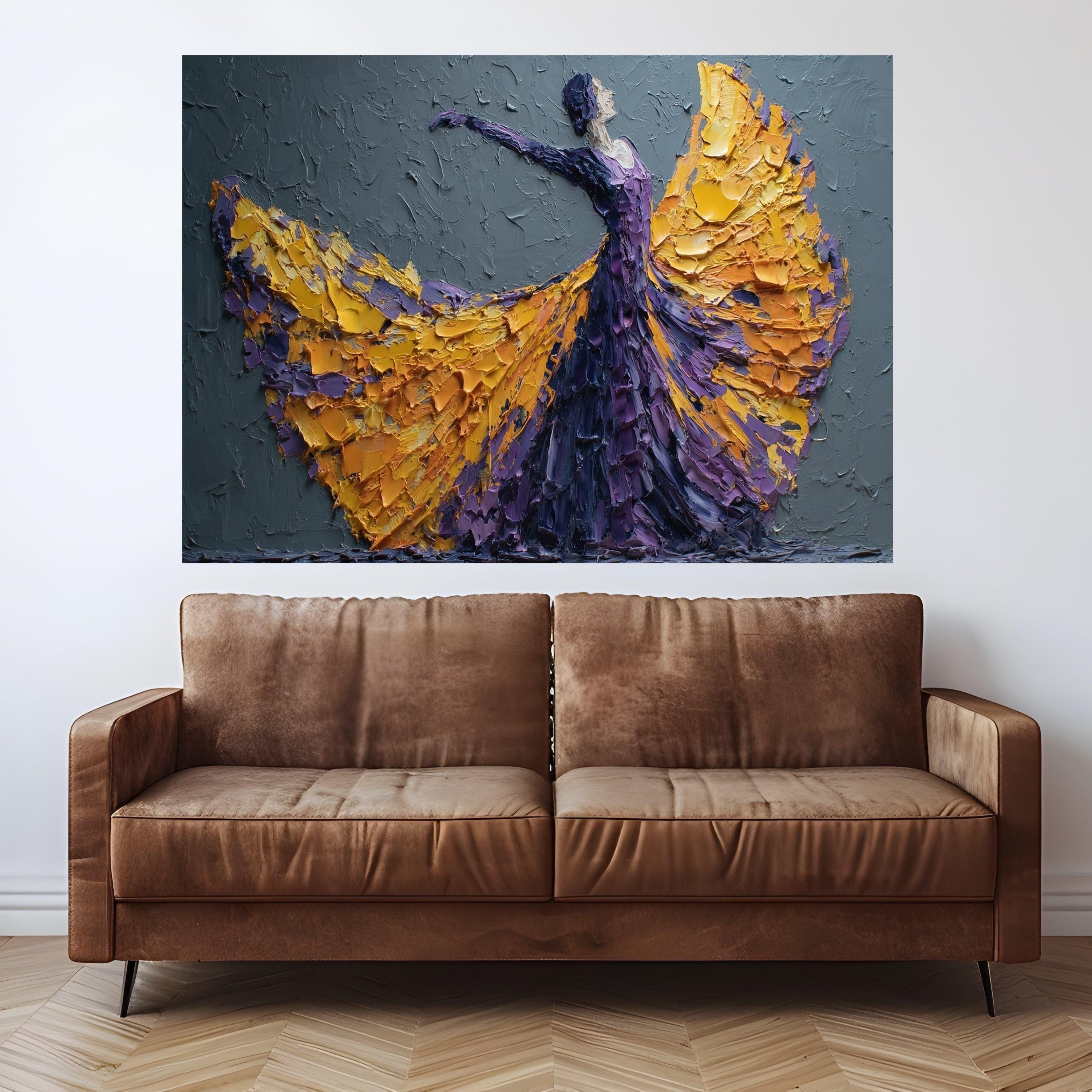 Elegant Flamenco Dancer Canvas, Impasto Painting, Purple and Yellow Dress Wall Art, Modern Decorative Canvas, Dance Art Home Decor
