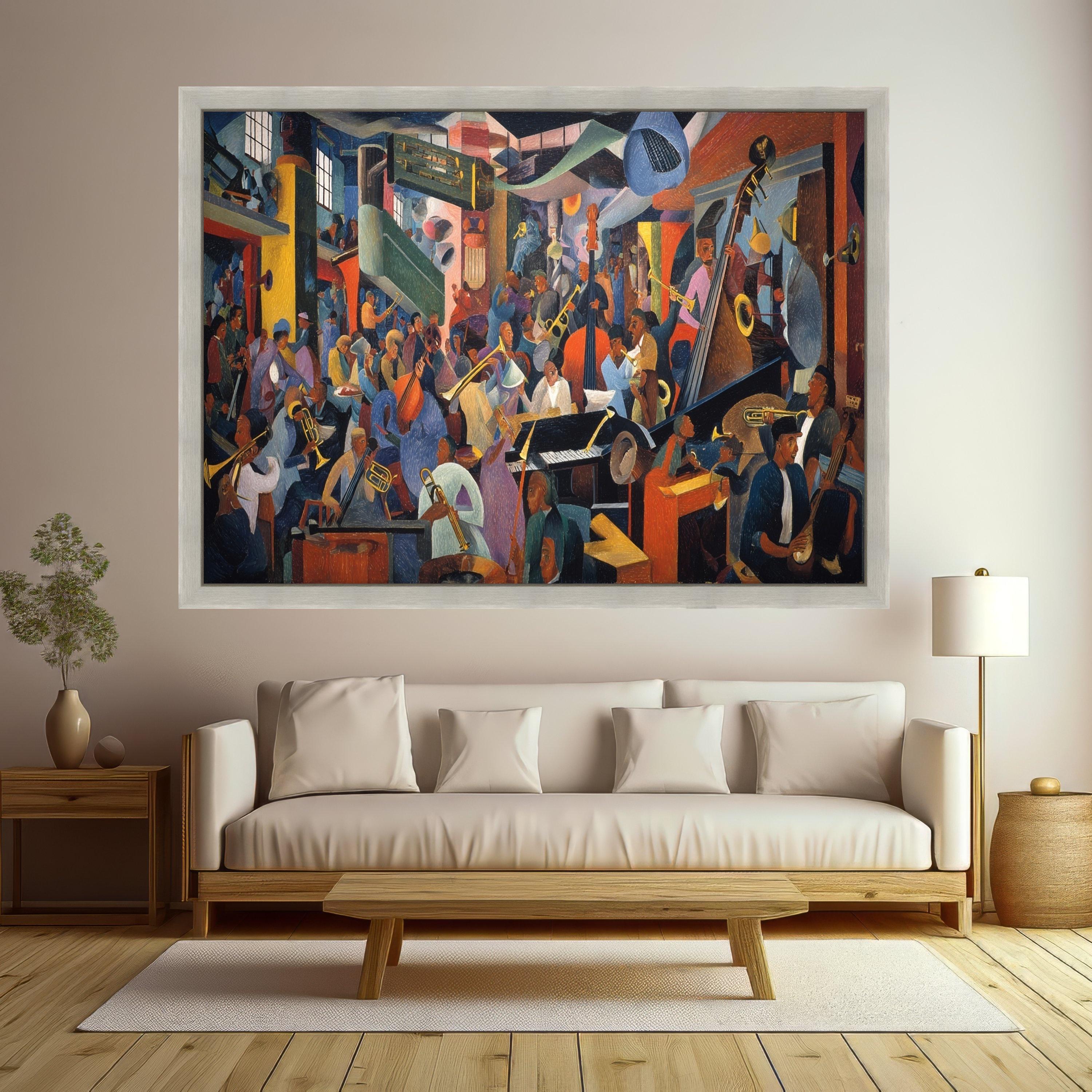 Vibrant Jazz Band Scene, Harlem Renaissance Canvas, Musical Instruments Wall Art, Cultural Music Canvas, Urban Nightlife Decoration