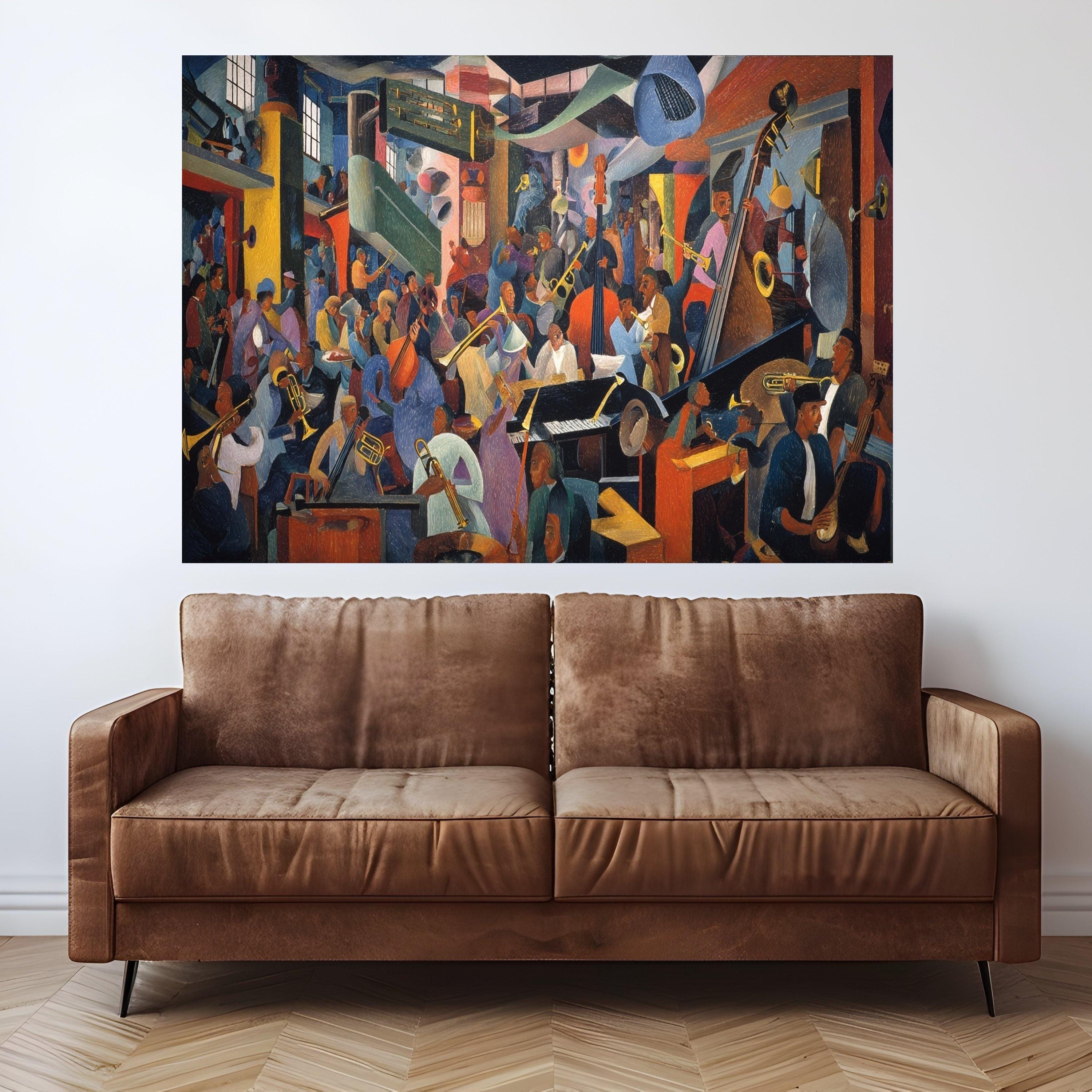 Vibrant Jazz Band Scene, Harlem Renaissance Canvas, Musical Instruments Wall Art, Cultural Music Canvas, Urban Nightlife Decoration