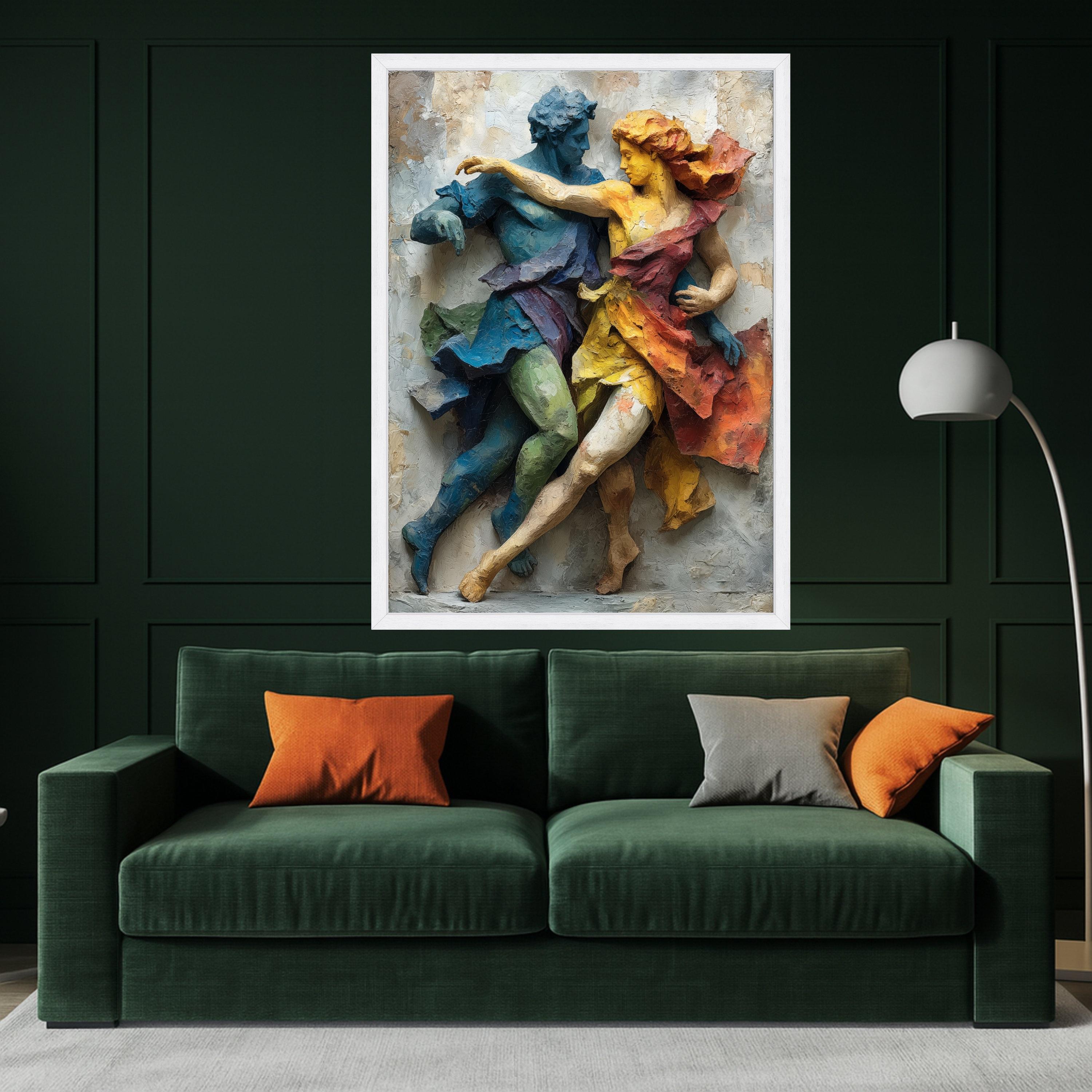 Colorful Dancing Figures Relief, Abstract Sculpture Canvas, Dynamic Couple Wall Art, Modern Home Décor, Artistic Movement Canvas Print