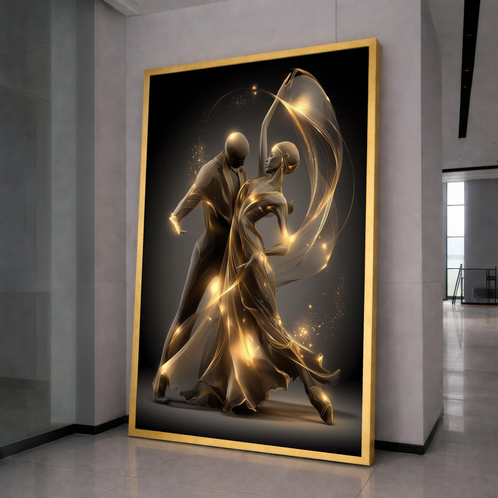 Elegant Ballroom Dance Couple, Golden Light Flowing Dress Canvas, Romantic Dance Wall Art, Modern Abstract Canvas, Home Decor Artwork