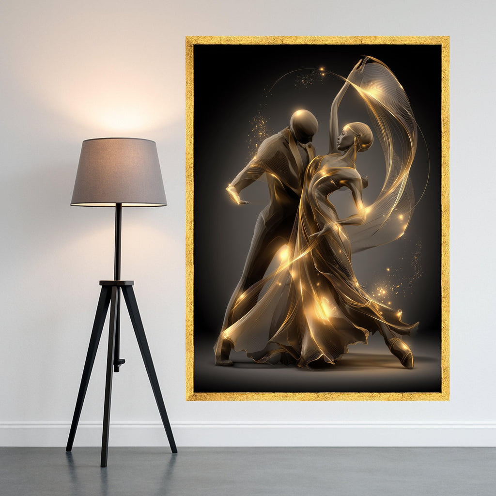 Elegant Ballroom Dance Couple, Golden Light Flowing Dress Canvas, Romantic Dance Wall Art, Modern Abstract Canvas, Home Decor Artwork
