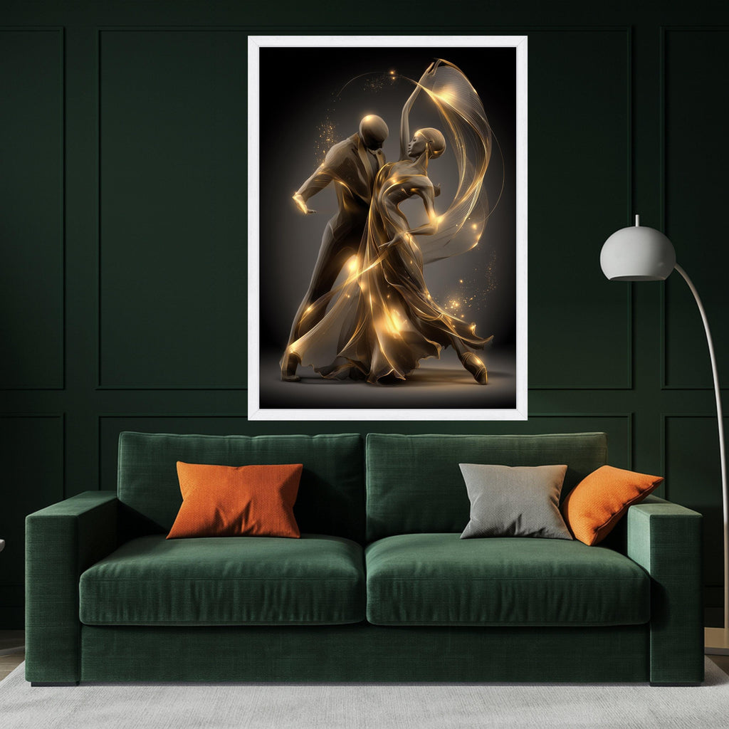Elegant Ballroom Dance Couple, Golden Light Flowing Dress Canvas, Romantic Dance Wall Art, Modern Abstract Canvas, Home Decor Artwork