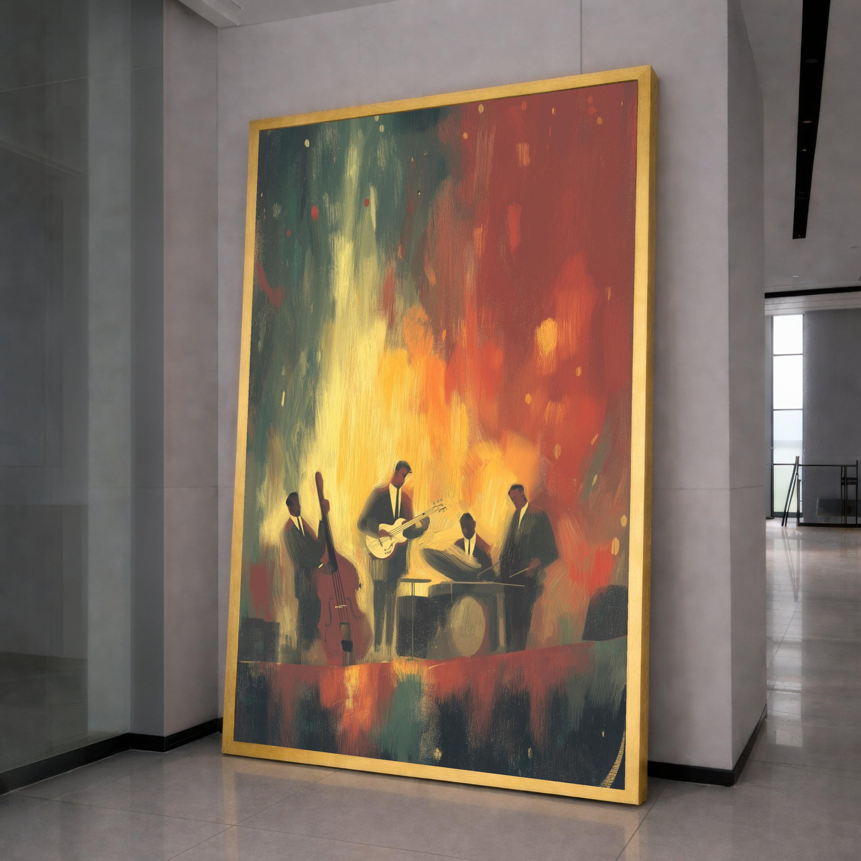 Jazz Band Playing Music, Abstract Musician Canvas, Retro Jazz Night Wall Art, Vibrant Musical Scene Canvas, Home Decor Music Artwork