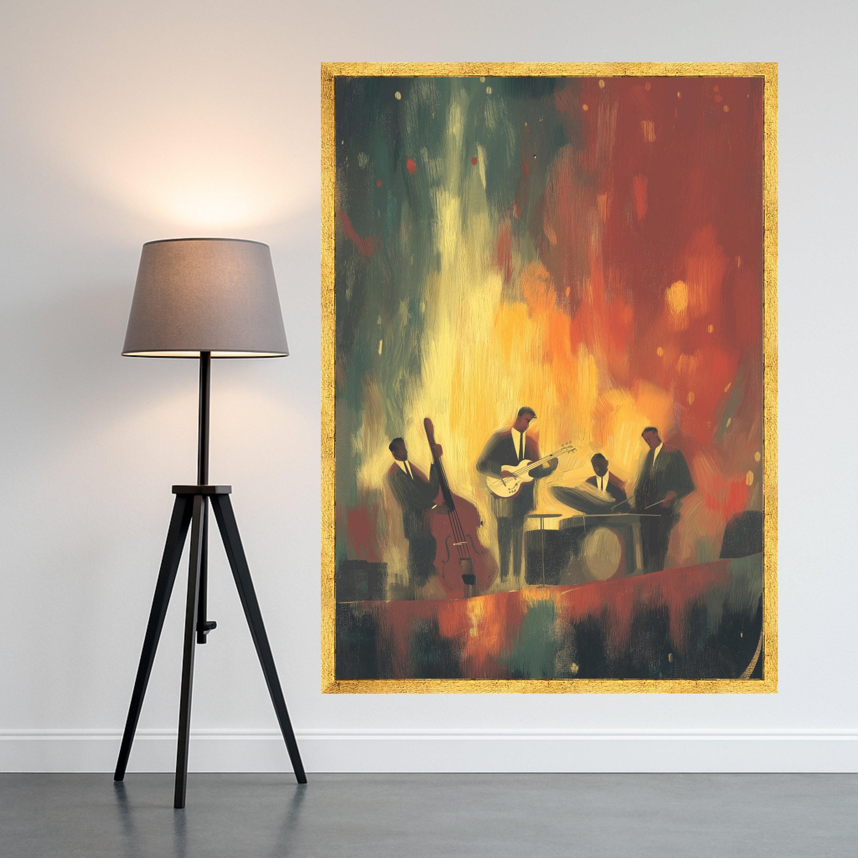 Jazz Band Playing Music, Abstract Musician Canvas, Retro Jazz Night Wall Art, Vibrant Musical Scene Canvas, Home Decor Music Artwork