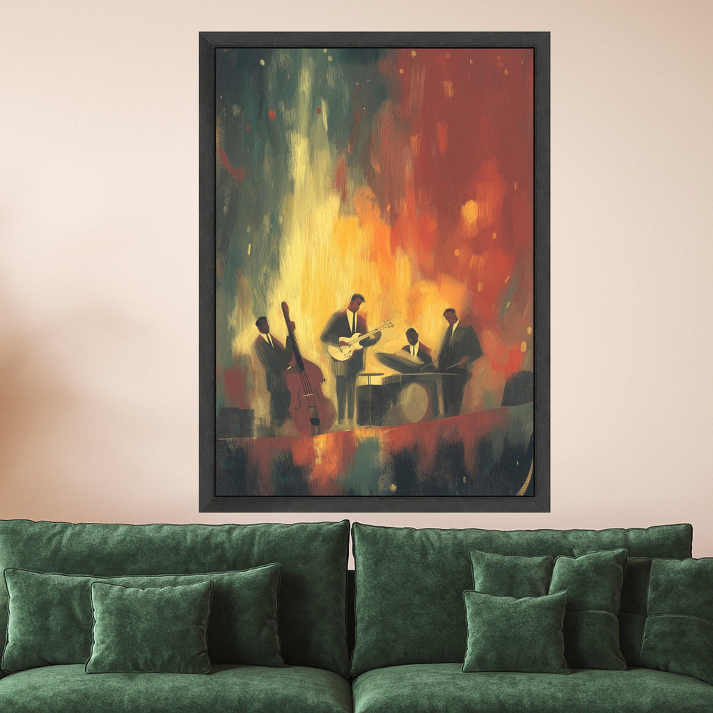 Jazz Band Playing Music, Abstract Musician Canvas, Retro Jazz Night Wall Art, Vibrant Musical Scene Canvas, Home Decor Music Artwork