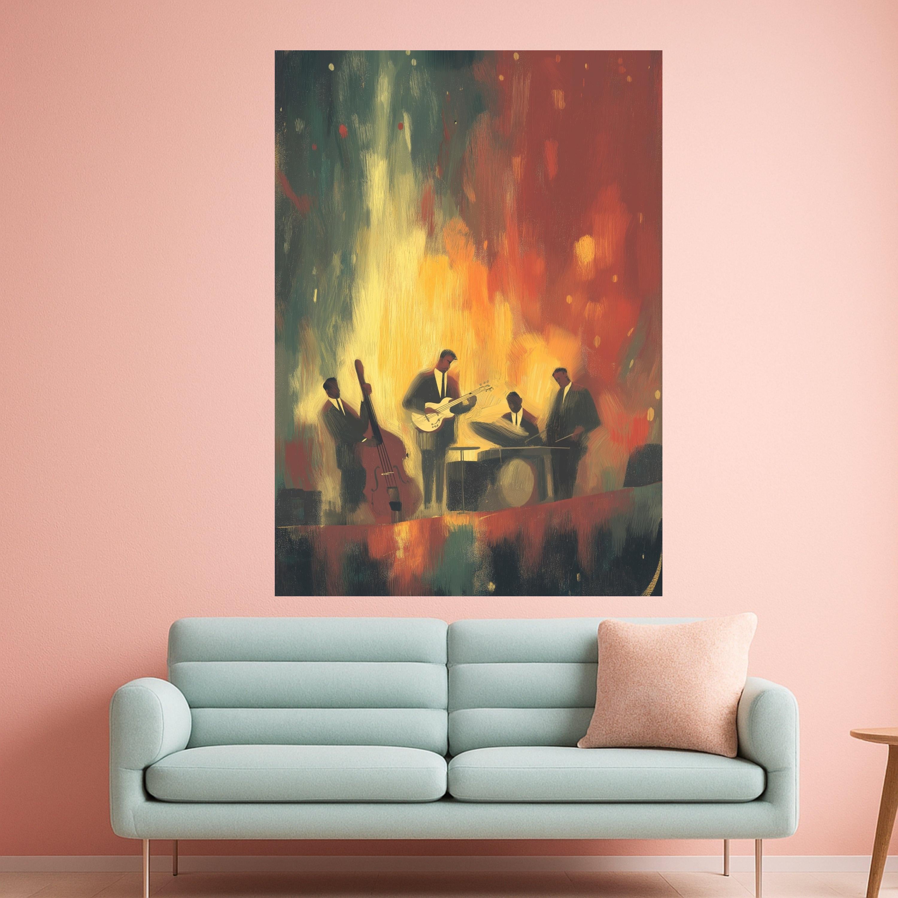 Jazz Band Playing Music, Abstract Musician Canvas, Retro Jazz Night Wall Art, Vibrant Musical Scene Canvas, Home Decor Music Artwork