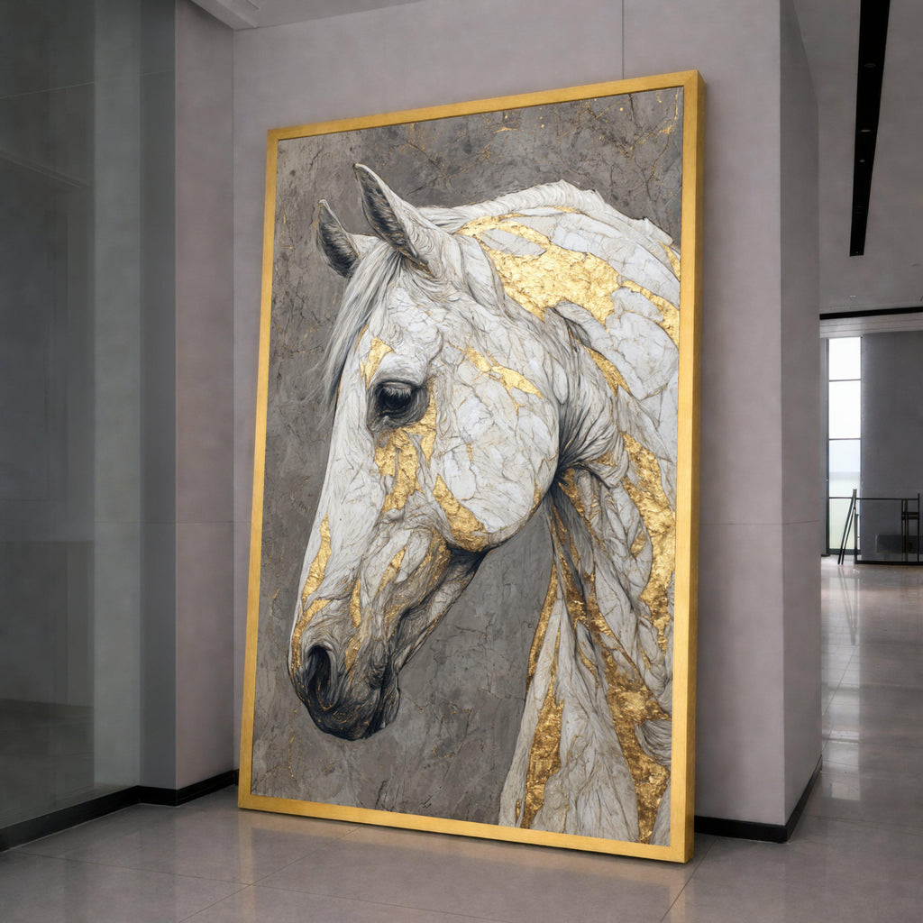 Elegant White Horse Canvas, Gold Accent Wall Art, Modern Animal Print, Framed Home Decor