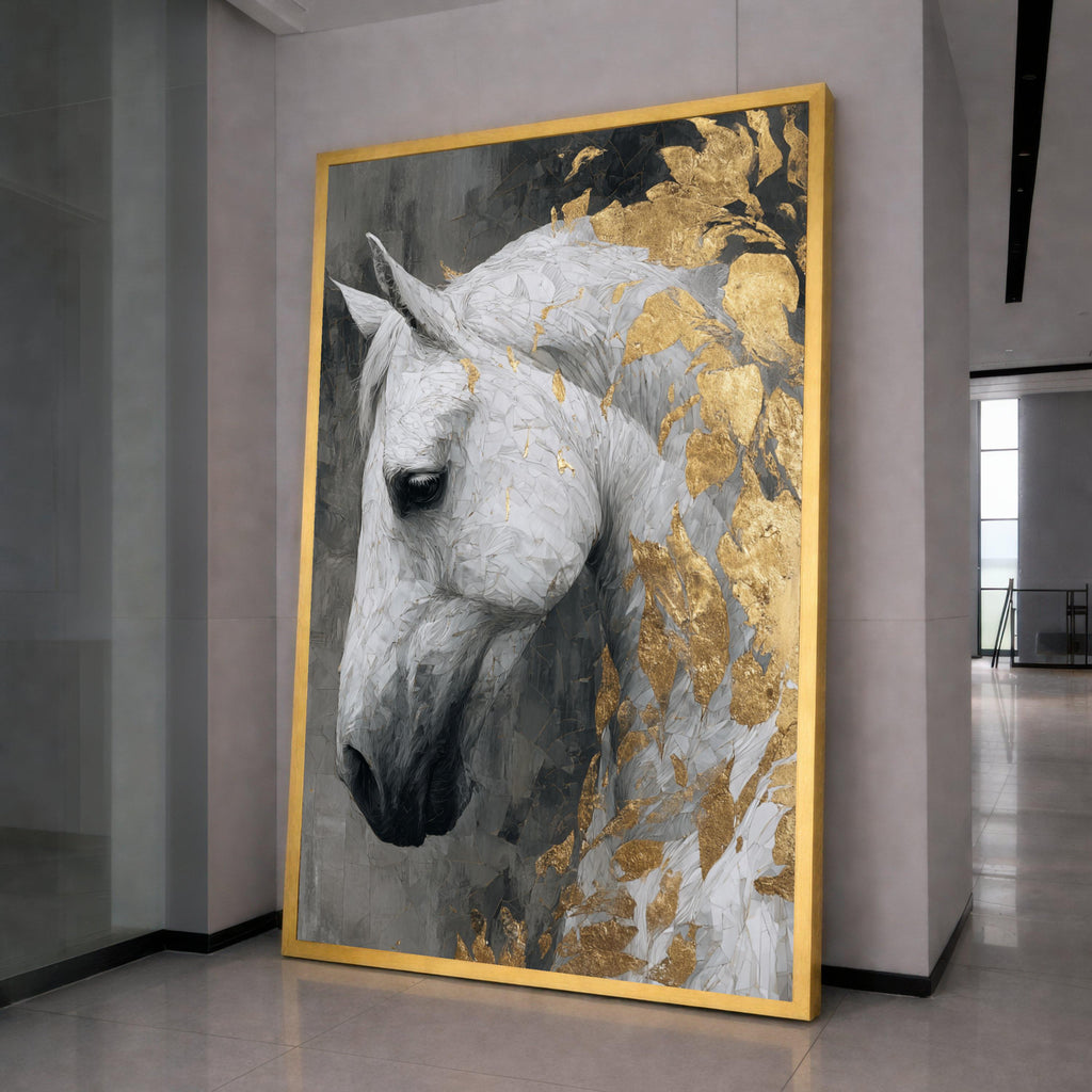 Majestic White Horse, Gold Leaf Canvas, Framed Wall Art, Elegant Animal Print, Modern Home Decor