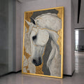 Elegant White Horse Canvas, Gold Leaf Accent, Animal Wall Art, Modern Home Decor, Framed Print Design