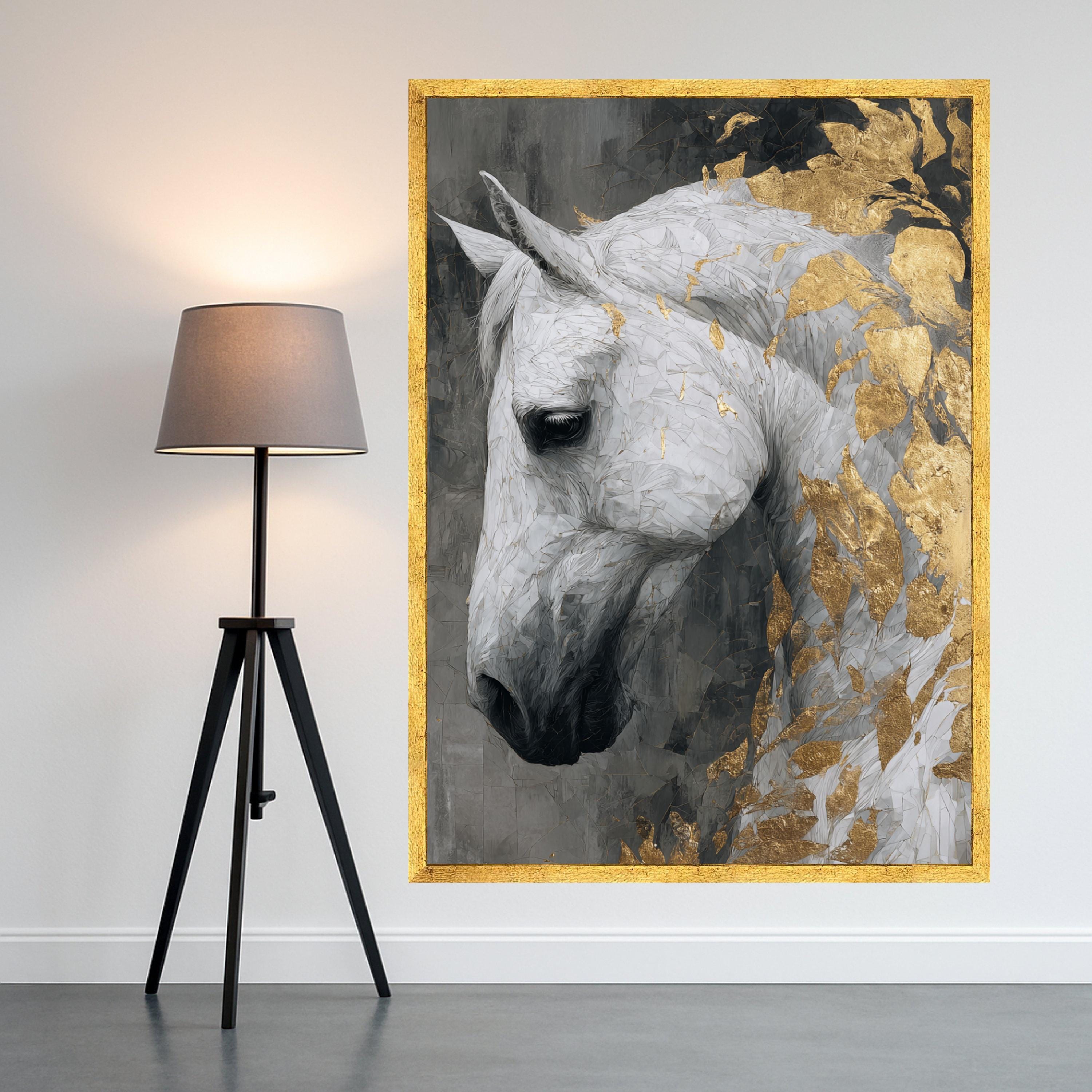 Majestic White Horse, Gold Leaf Canvas, Framed Wall Art, Elegant Animal Print, Modern Home Decor