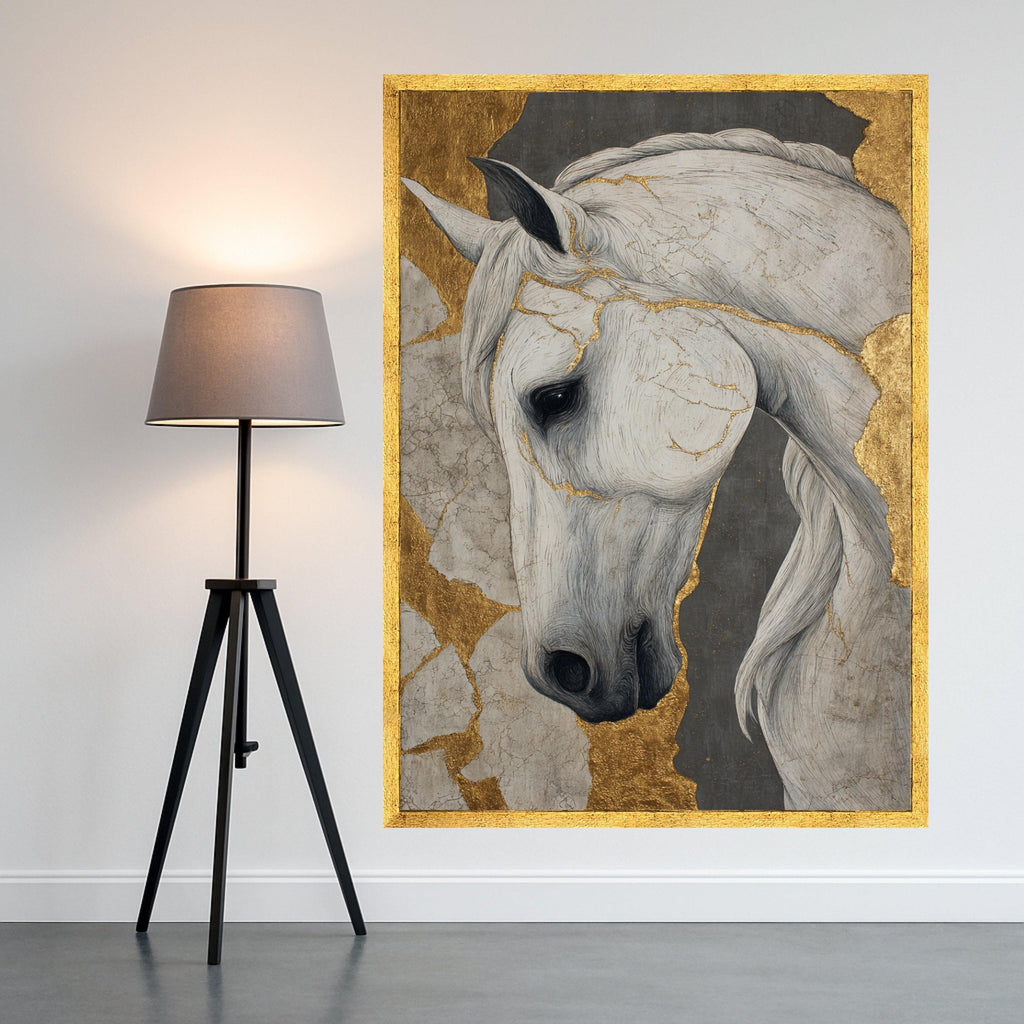 Elegant White Horse Canvas, Gold Leaf Accent, Animal Wall Art, Modern Home Decor, Framed Print Design