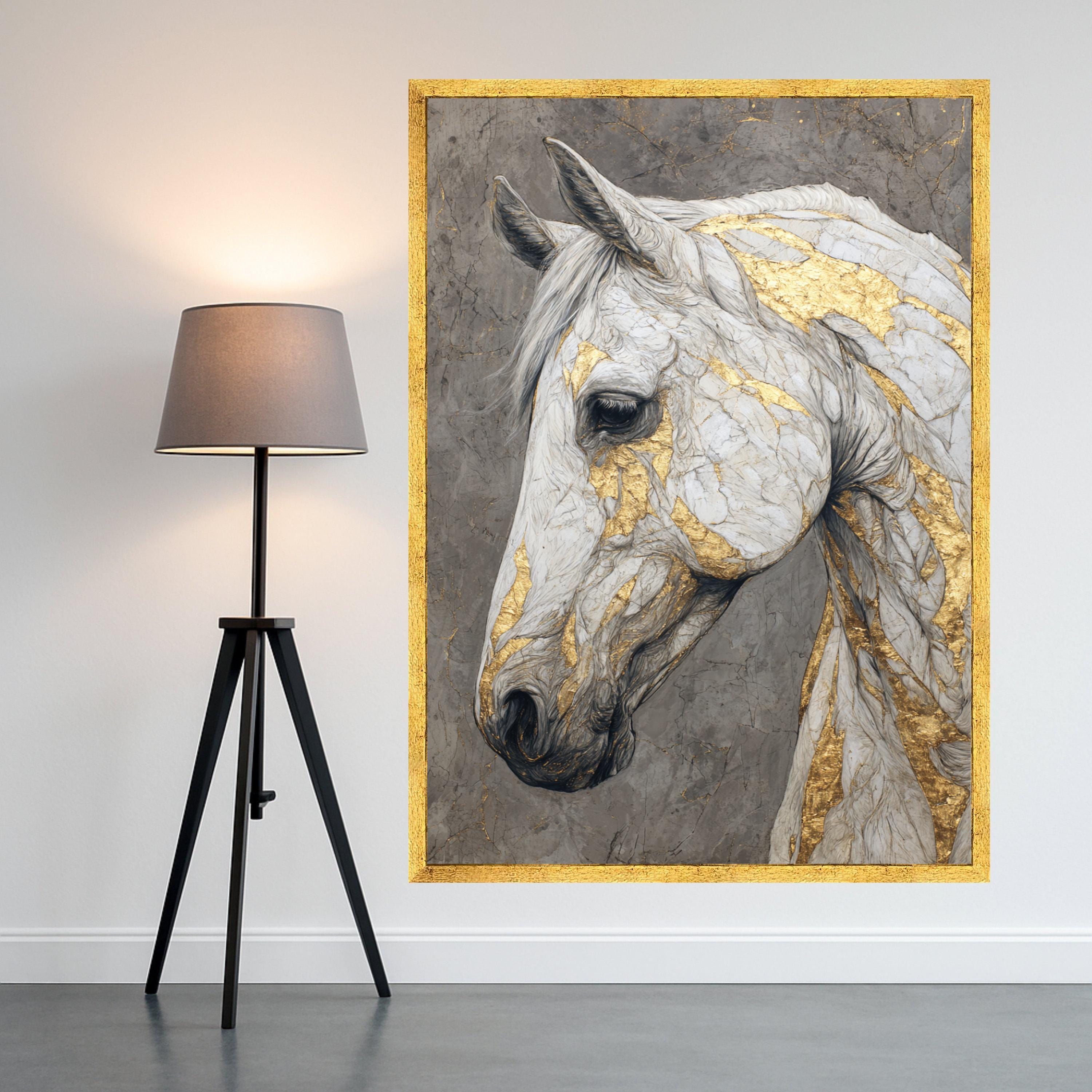 Elegant White Horse Canvas, Gold Accent Wall Art, Modern Animal Print, Framed Home Decor