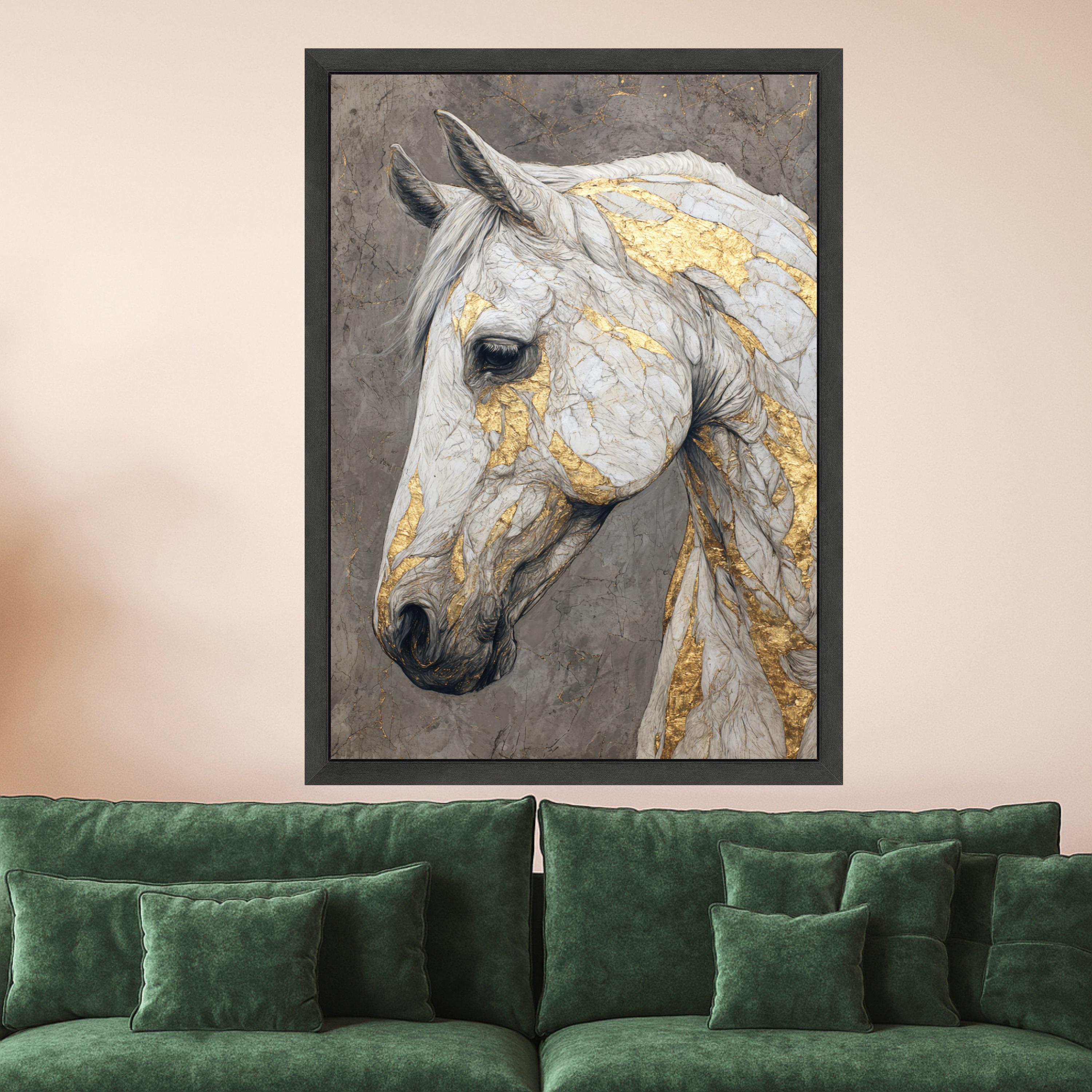 Elegant White Horse Canvas, Gold Accent Wall Art, Animal Portrait Print, Modern Home Decor, Framed Canvas Art