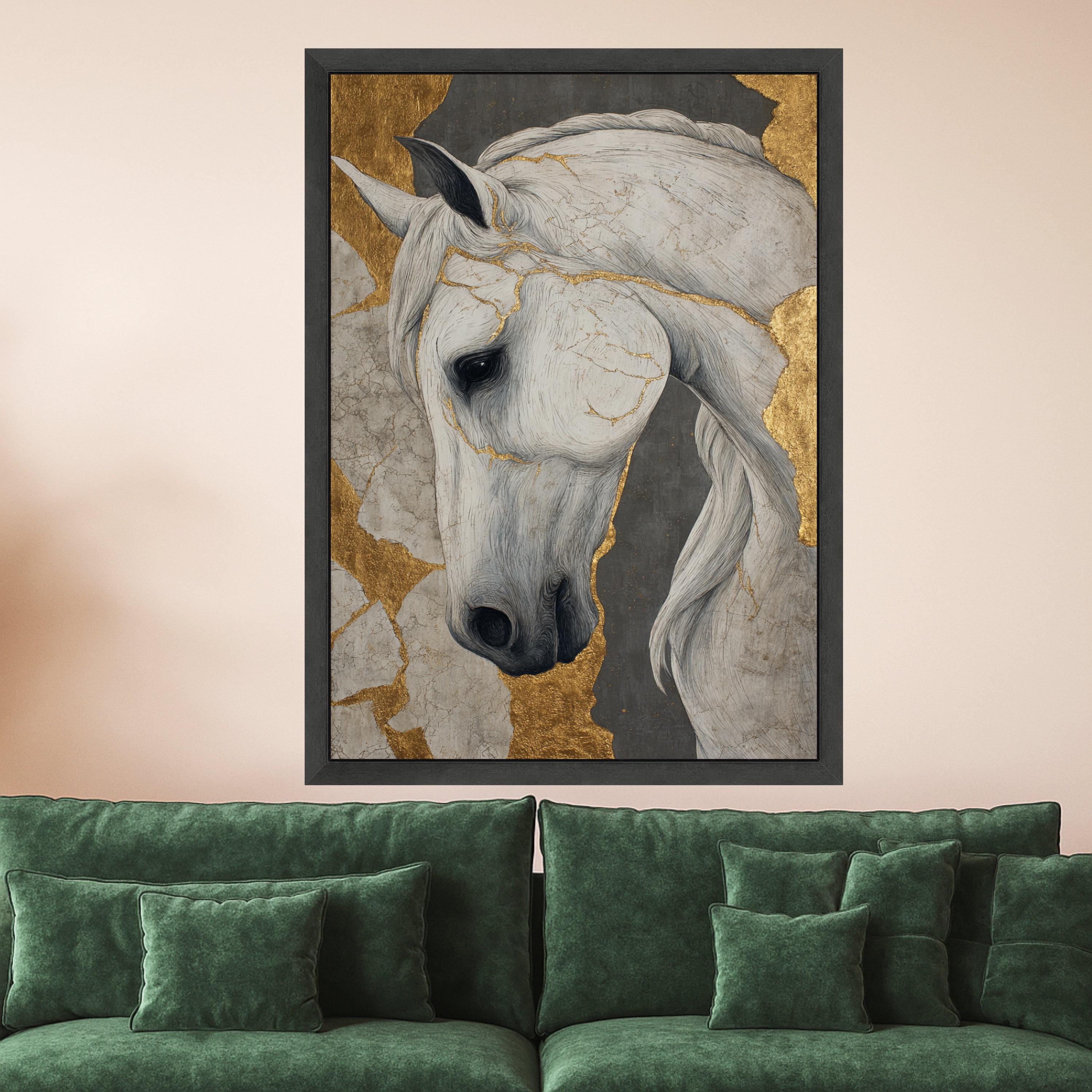 Elegant White Horse Canvas, Gold Leaf Accent, Animal Wall Art, Modern Home Decor, Framed Print Design