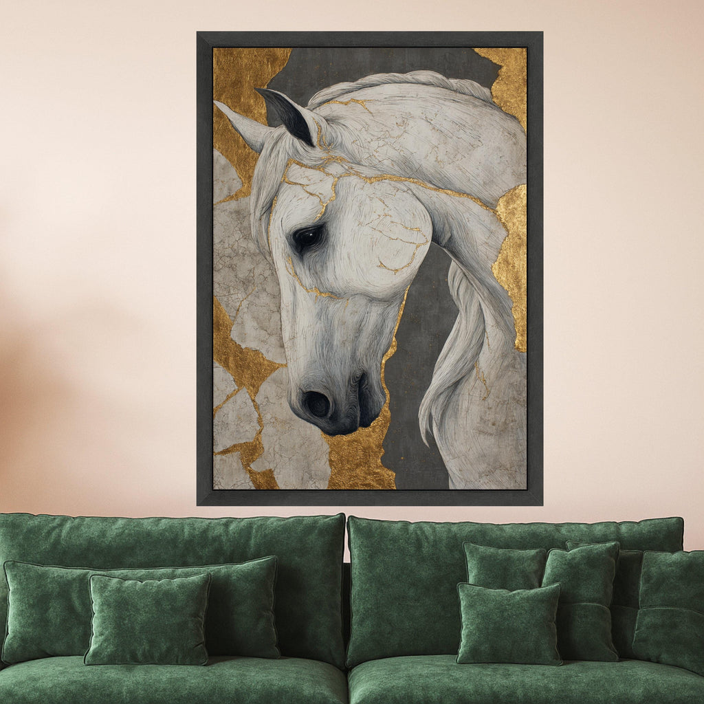 Elegant White Horse Canvas, Gold Leaf Accent, Animal Wall Art, Modern Home Decor, Framed Print Design